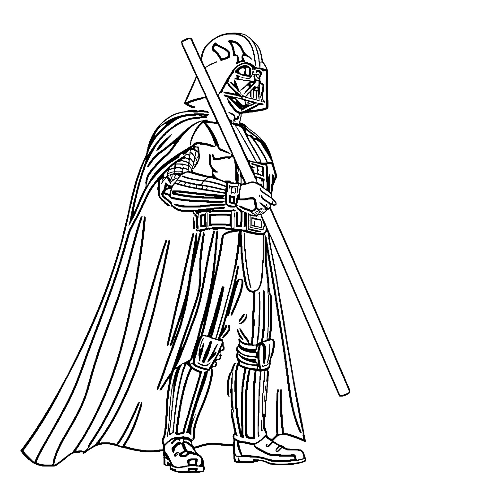 Darth Vader wielding lightsaber in iconic pose Coloring Page (free black-and-white line drawing printable PDF for all, from beginners to advanced learners, including children, teens, adults, and seniors)