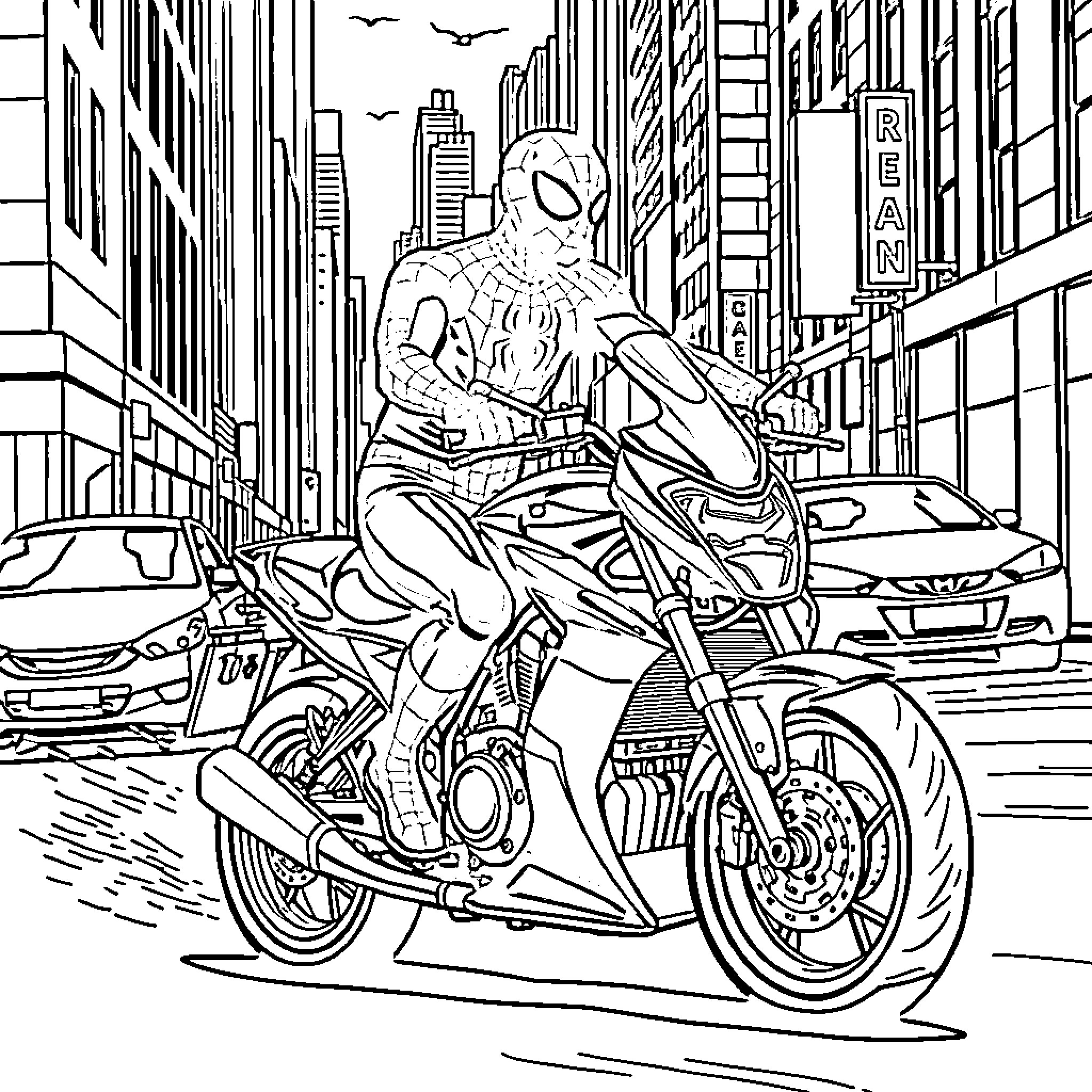 Spiderman riding motorcycle through city streets Coloring Page (free black-and-white line drawing printable PDF for all, from beginners to advanced learners, including children, teens, adults, and seniors)