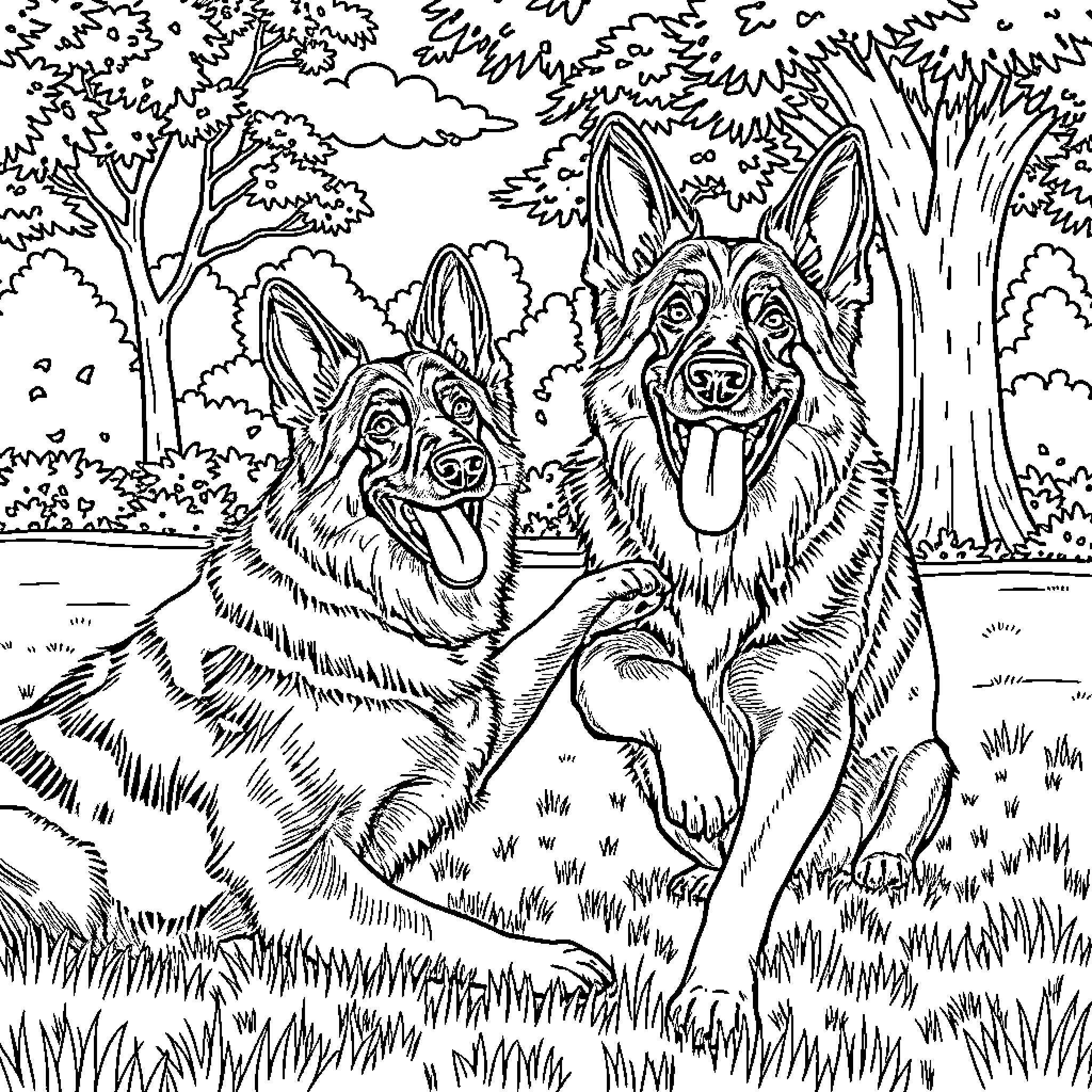 German Shepherd Dogs Enjoying Nature Together Coloring Page (free black-and-white line drawing printable PDF for all, from beginners to advanced learners, including children, teens, adults, and seniors)