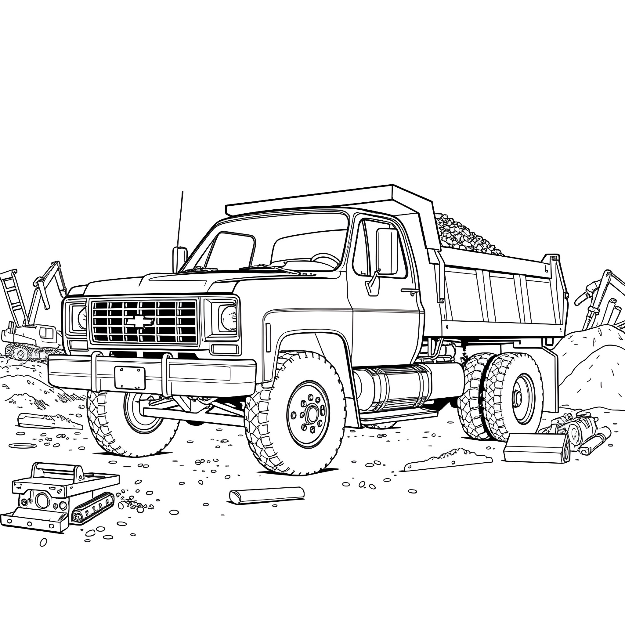 Chevy Dump Truck Working on Construction Site Coloring Page (free black-and-white line drawing printable PDF for all, from beginners to advanced learners, including children, teens, adults, and seniors)