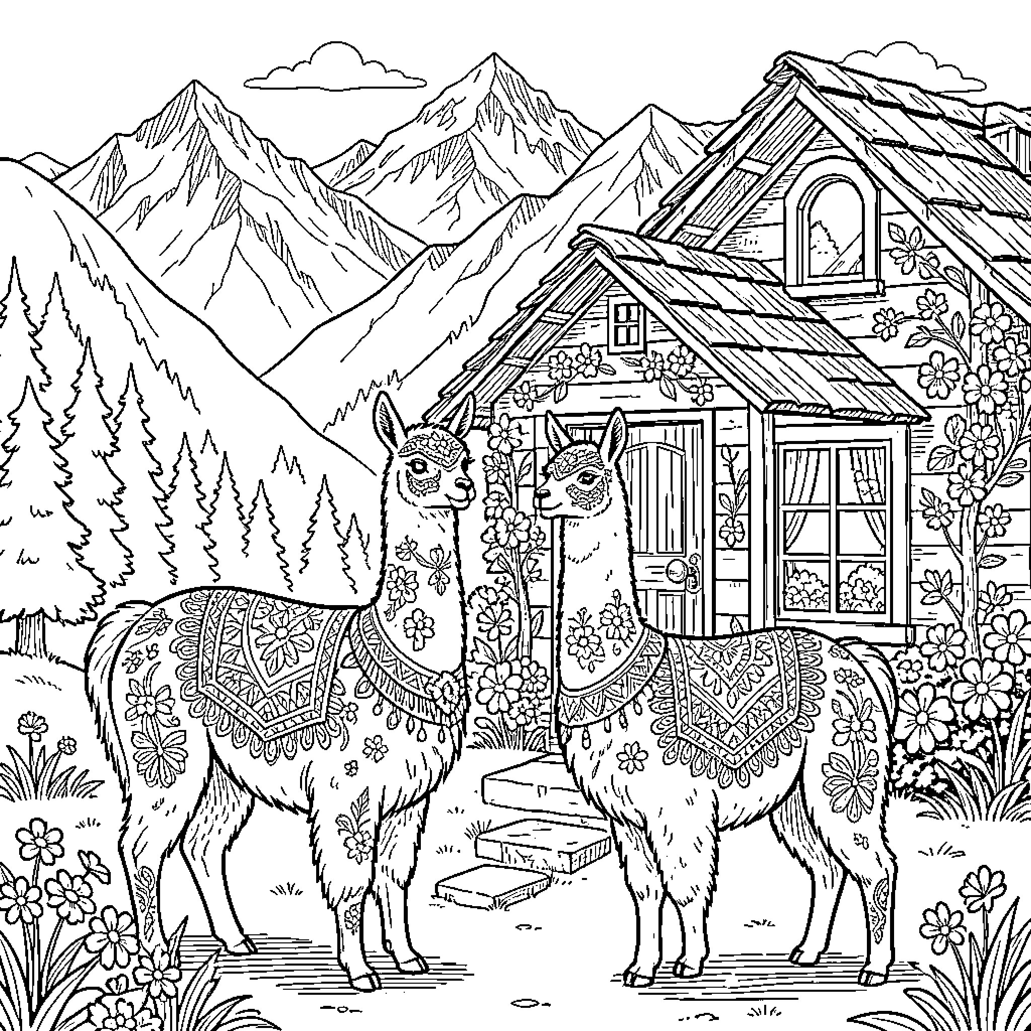 Vicuna enjoying nature in the mountains Coloring Page (free black-and-white line drawing printable PDF for all, from beginners to advanced learners, including children, teens, adults, and seniors)