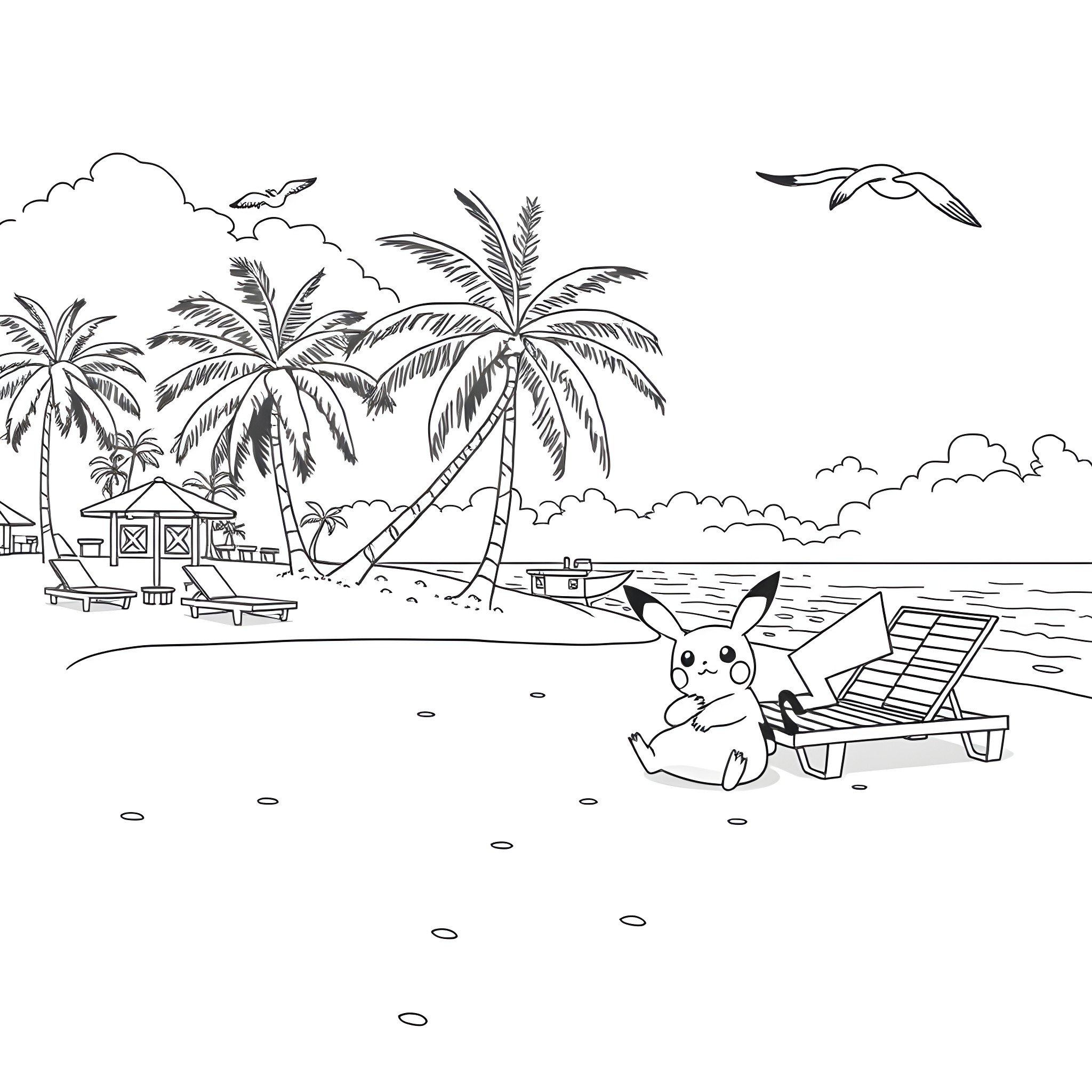 Pikachu relaxing on the beach under palm trees Coloring Page (free black-and-white line drawing printable PDF for all, from beginners to advanced learners, including children, teens, adults, and seniors)
