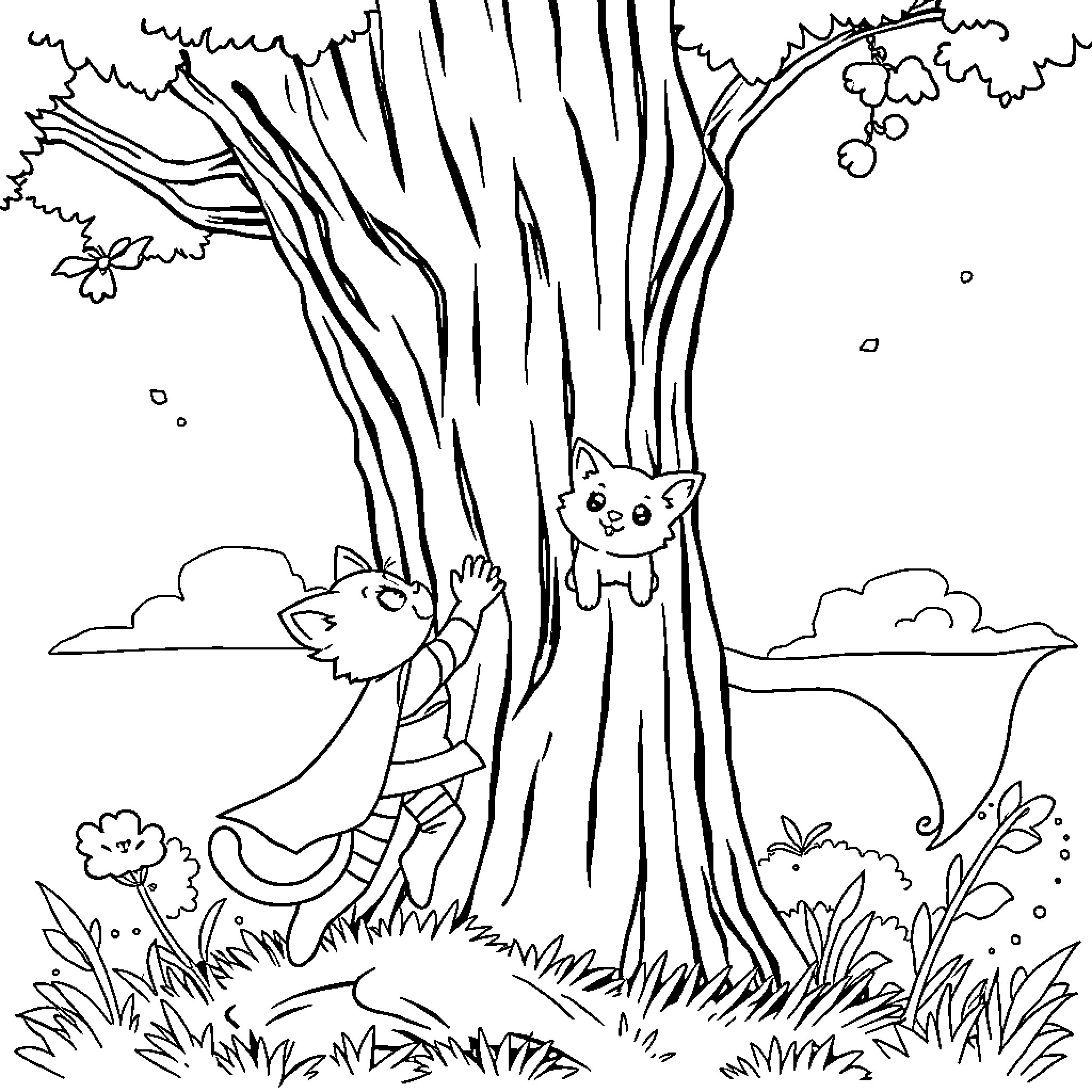 Hero cats playing hide-and-seek in the forest Coloring Page (free black-and-white line drawing printable PDF for all, from beginners to advanced learners, including children, teens, adults, and seniors)