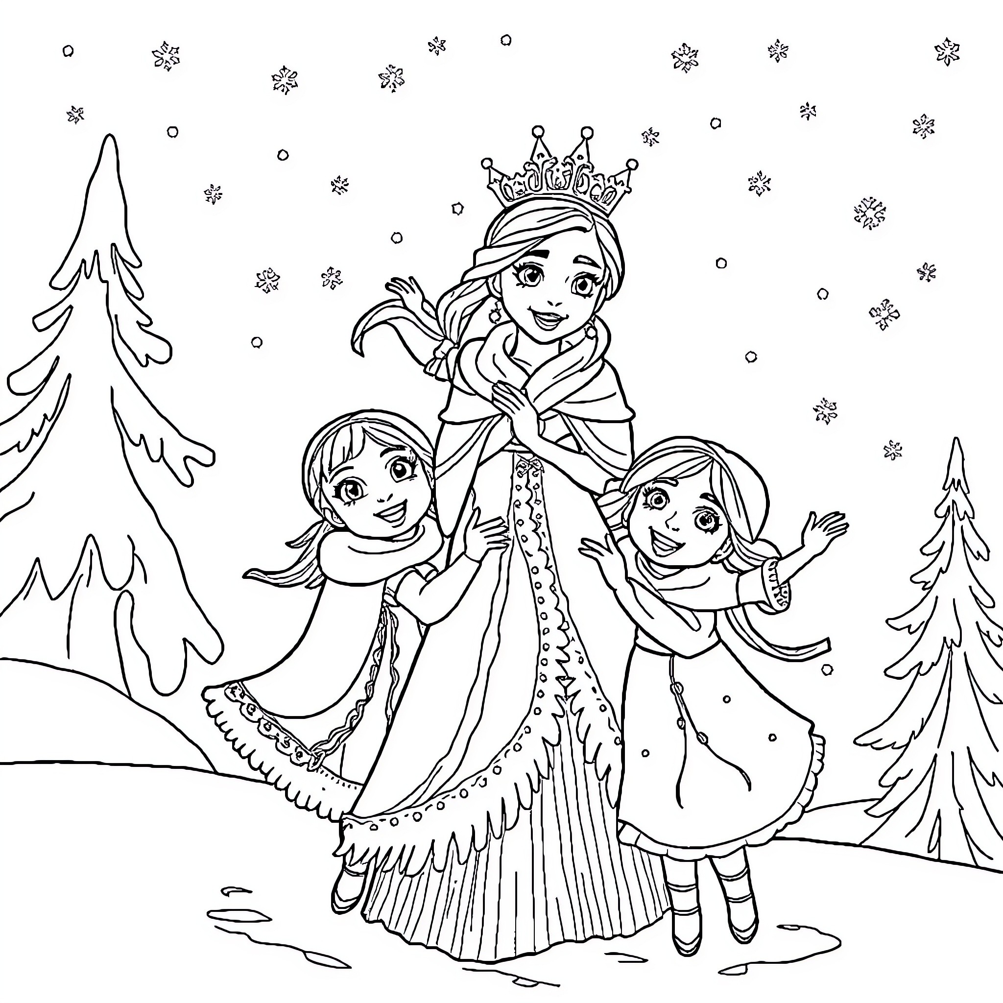 Queen and her Winter Wonderland Companions Coloring Page (free black-and-white line drawing printable PDF for all, from beginners to advanced learners, including children, teens, adults, and seniors)
