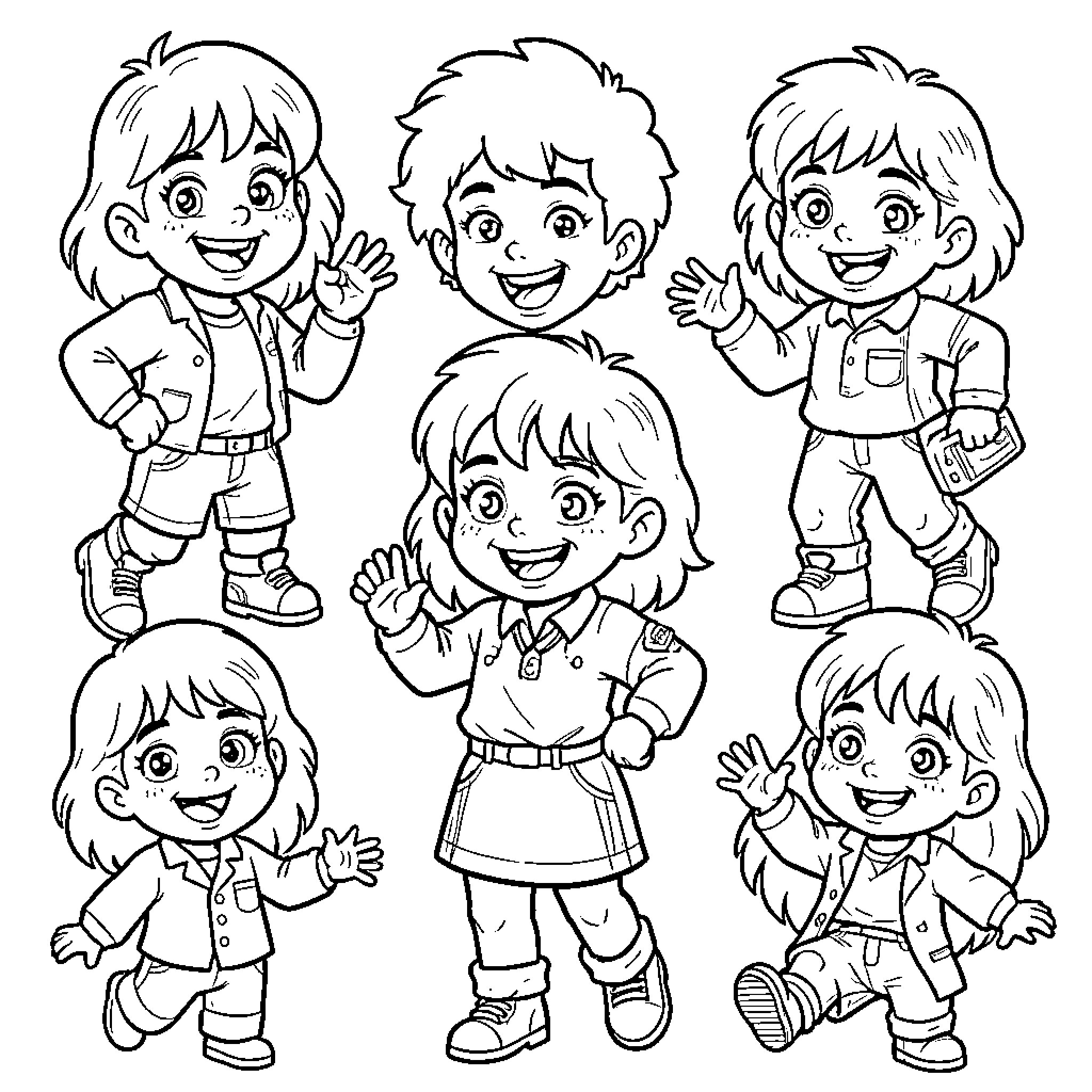 1980's Horror Character group of cheerful smiling children Coloring Page (free black-and-white line drawing printable PDF for all, from beginners to advanced learners, including children, teens, adults, and seniors)
