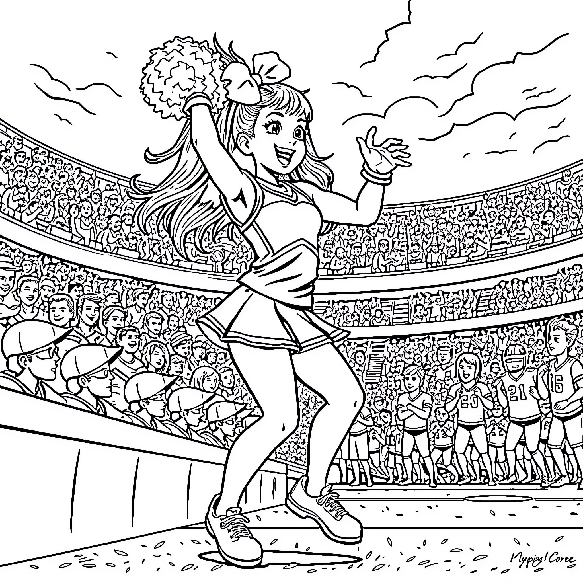 Cheerleader performing energetic routine in stadium Coloring Page (free black-and-white line drawing printable PDF for all, from beginners to advanced learners, including children, teens, adults, and seniors)
