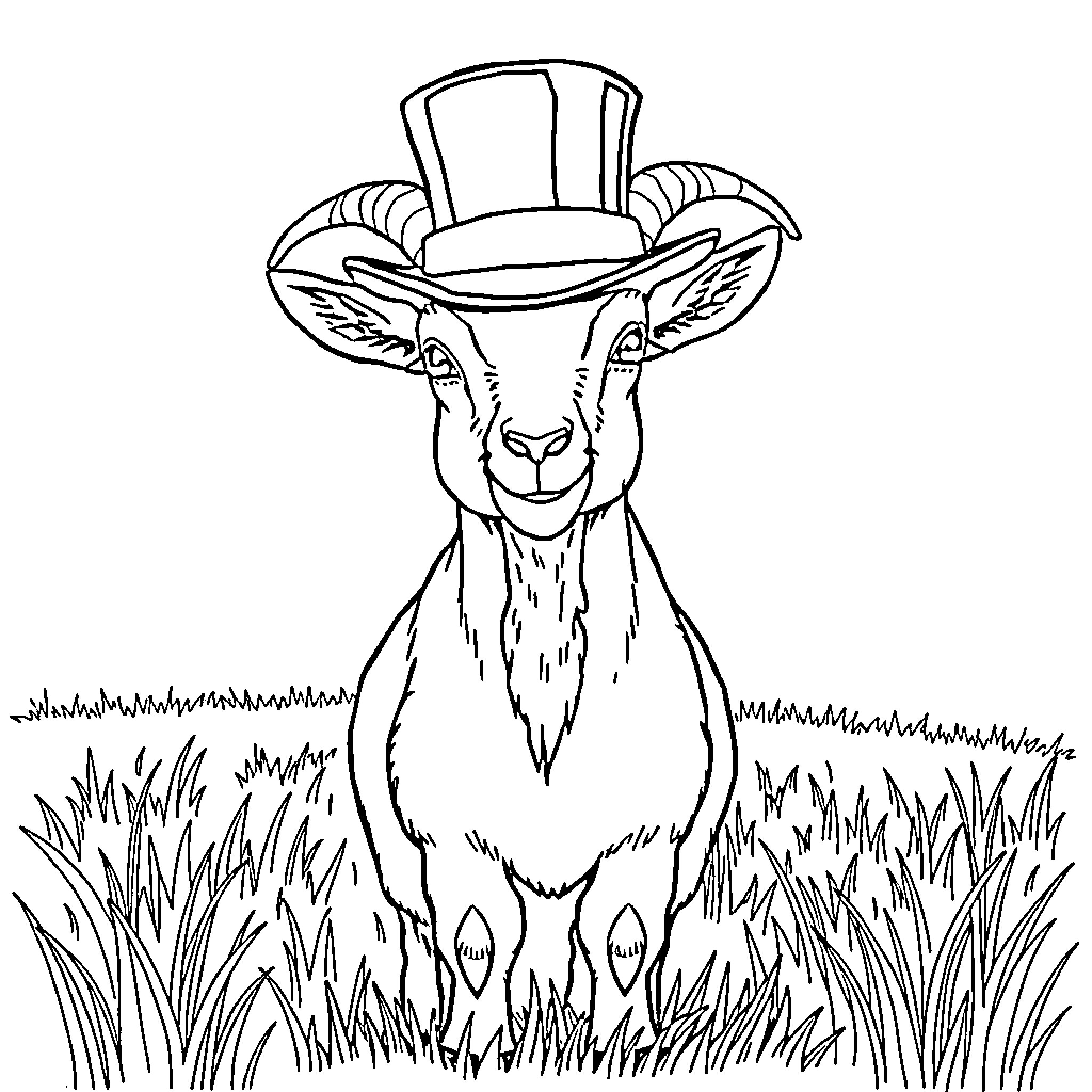 Goat wearing a top hat in a grassy field Coloring Page (free black-and-white line drawing printable PDF for all, from beginners to advanced learners, including children, teens, adults, and seniors)