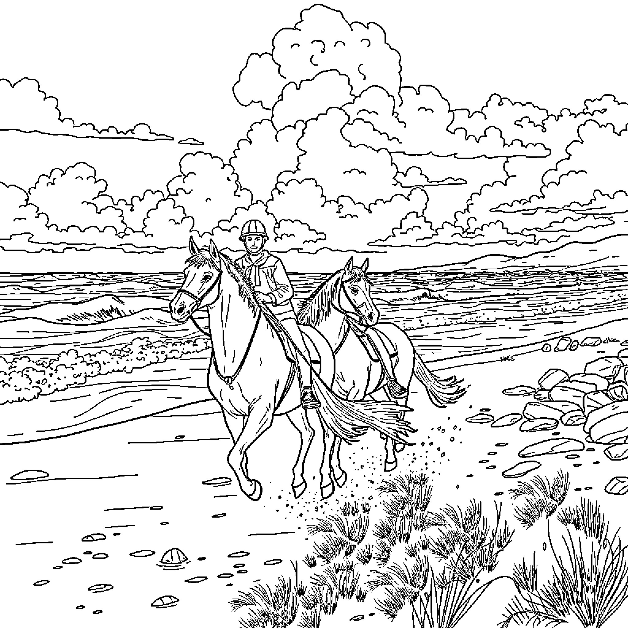 Horse Riders Galloping Through Scenic Countryside Coloring Page (free black-and-white line drawing printable PDF for all, from beginners to advanced learners, including children, teens, adults, and seniors)