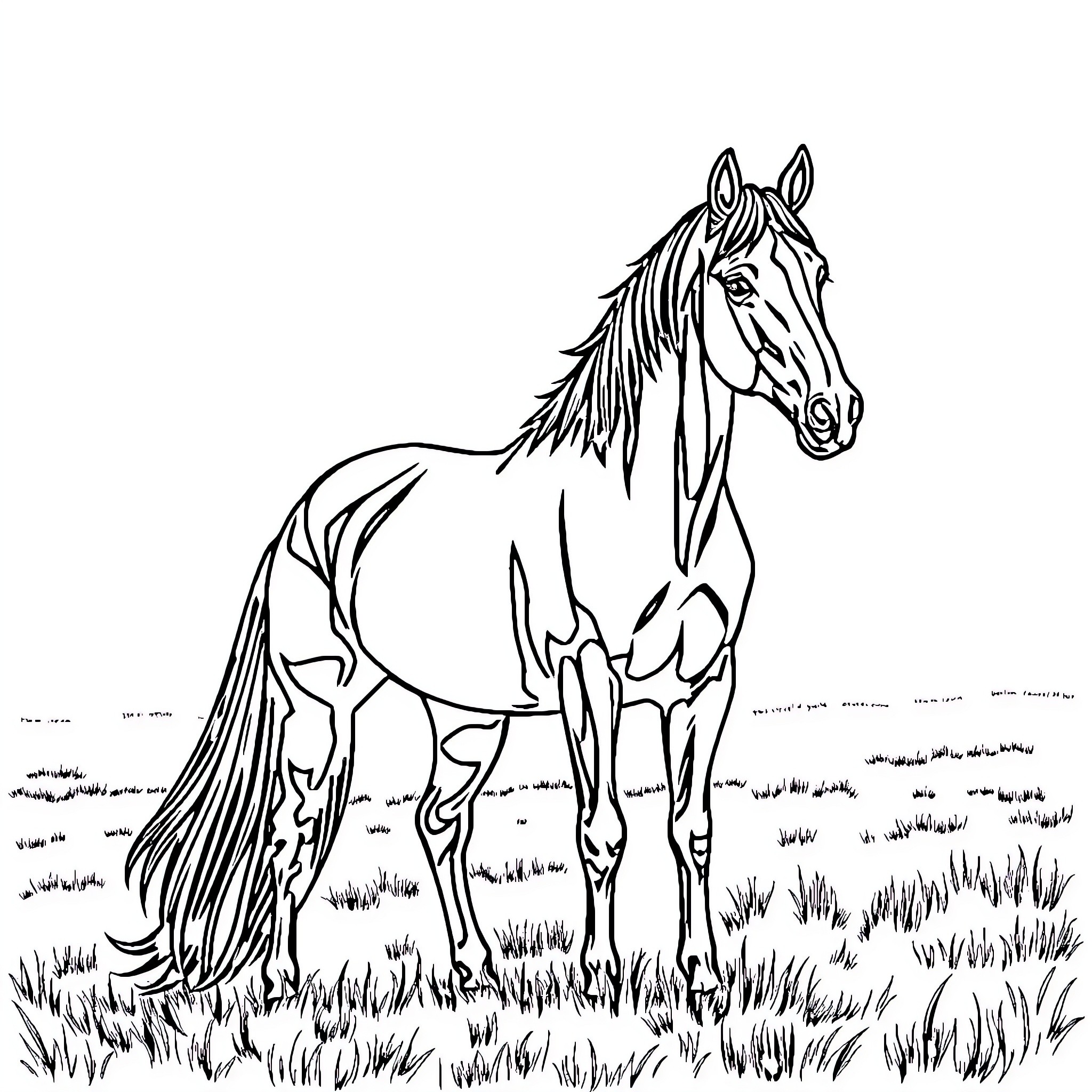Horse standing majestically in the field Coloring Page (free black-and-white line drawing printable PDF for all, from beginners to advanced learners, including children, teens, adults, and seniors)