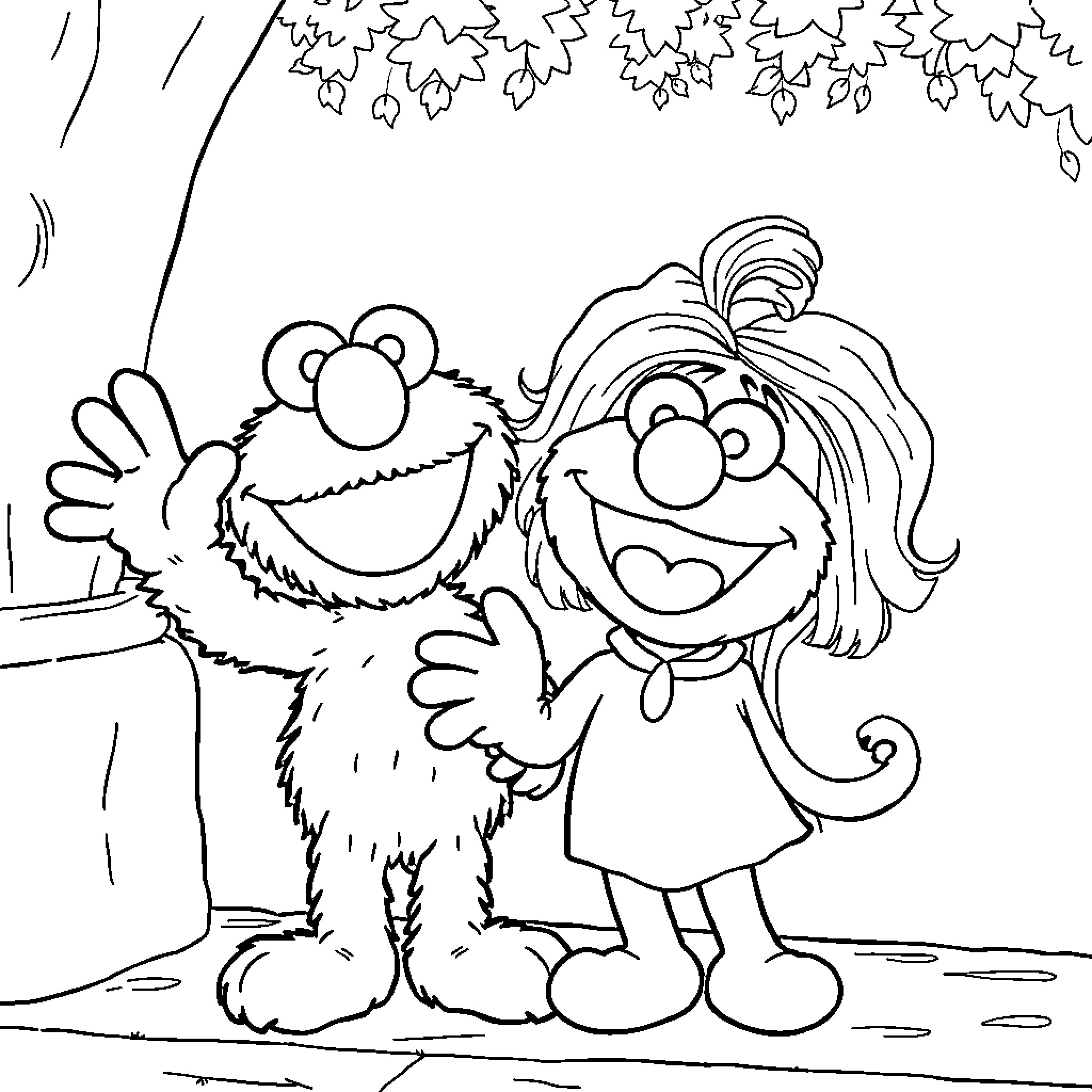 Elmo and Friend Enjoying Nature Coloring Page (free black-and-white line drawing printable PDF for all, from beginners to advanced learners, including children, teens, adults, and seniors)