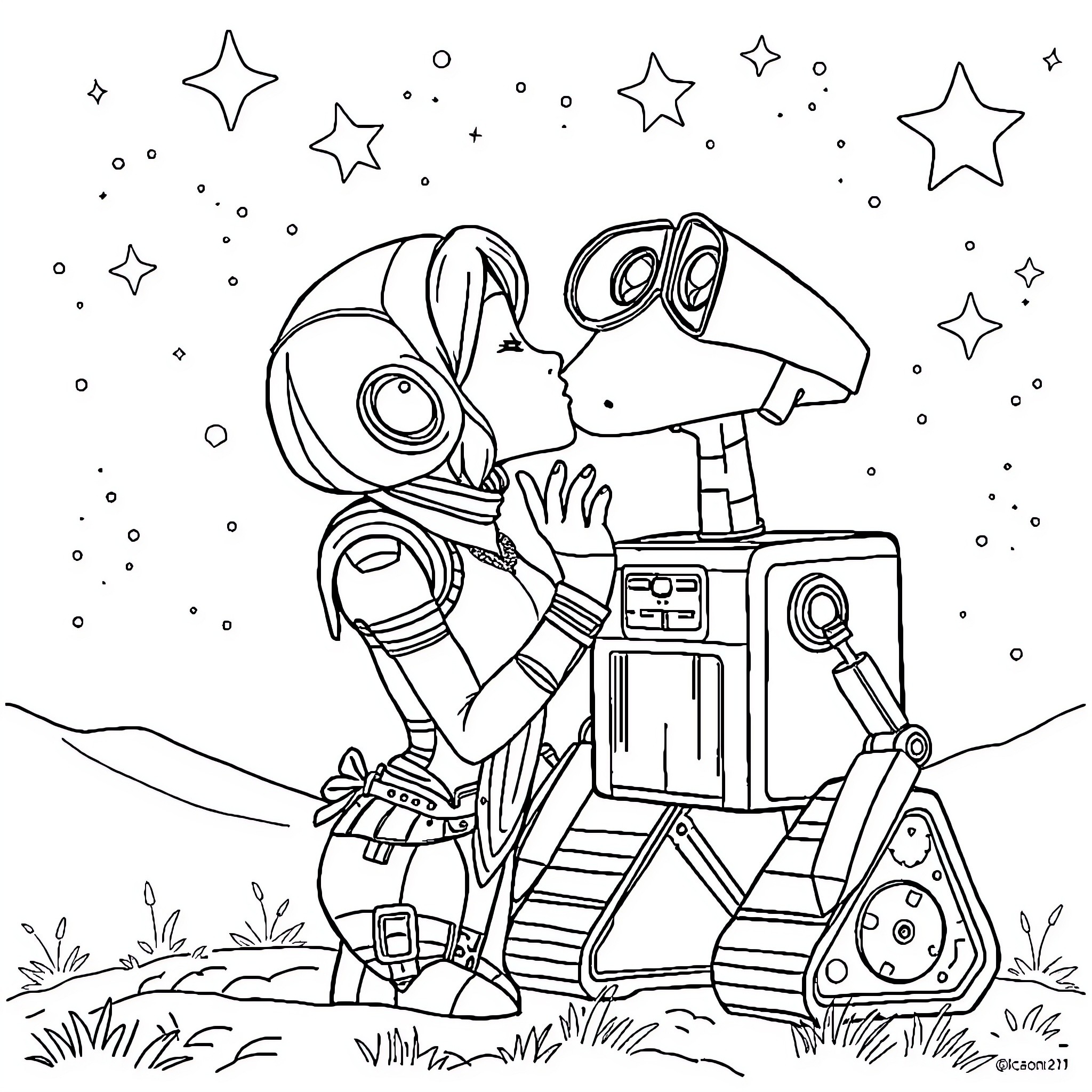 Wall-E exploring the galaxy with wonder Coloring Page (free black-and-white line drawing printable PDF for all, from beginners to advanced learners, including children, teens, adults, and seniors)