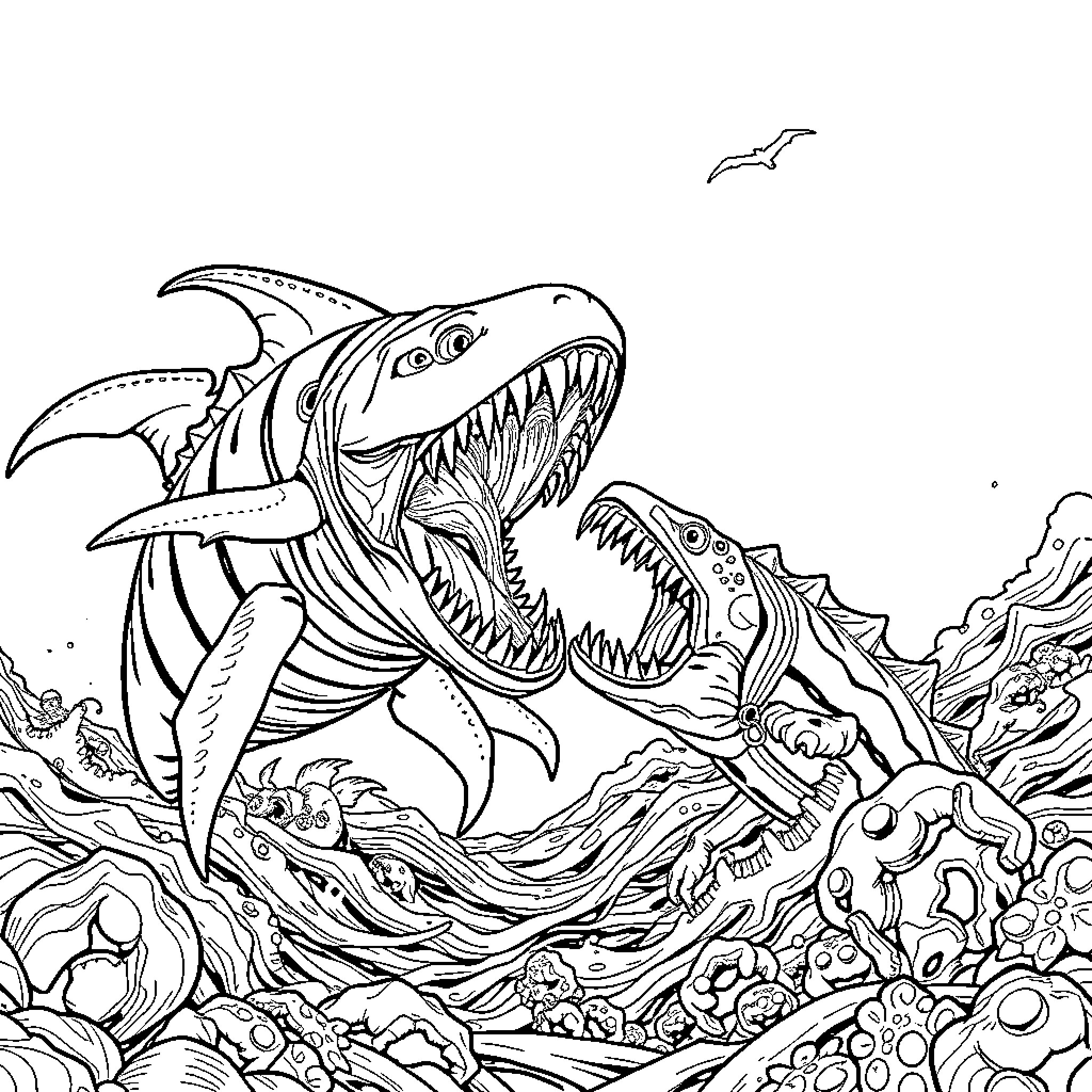 Monstruo Marino displaying fierce jaws in the deep sea Coloring Page (free black-and-white line drawing printable PDF for all, from beginners to advanced learners, including children, teens, adults, and seniors)