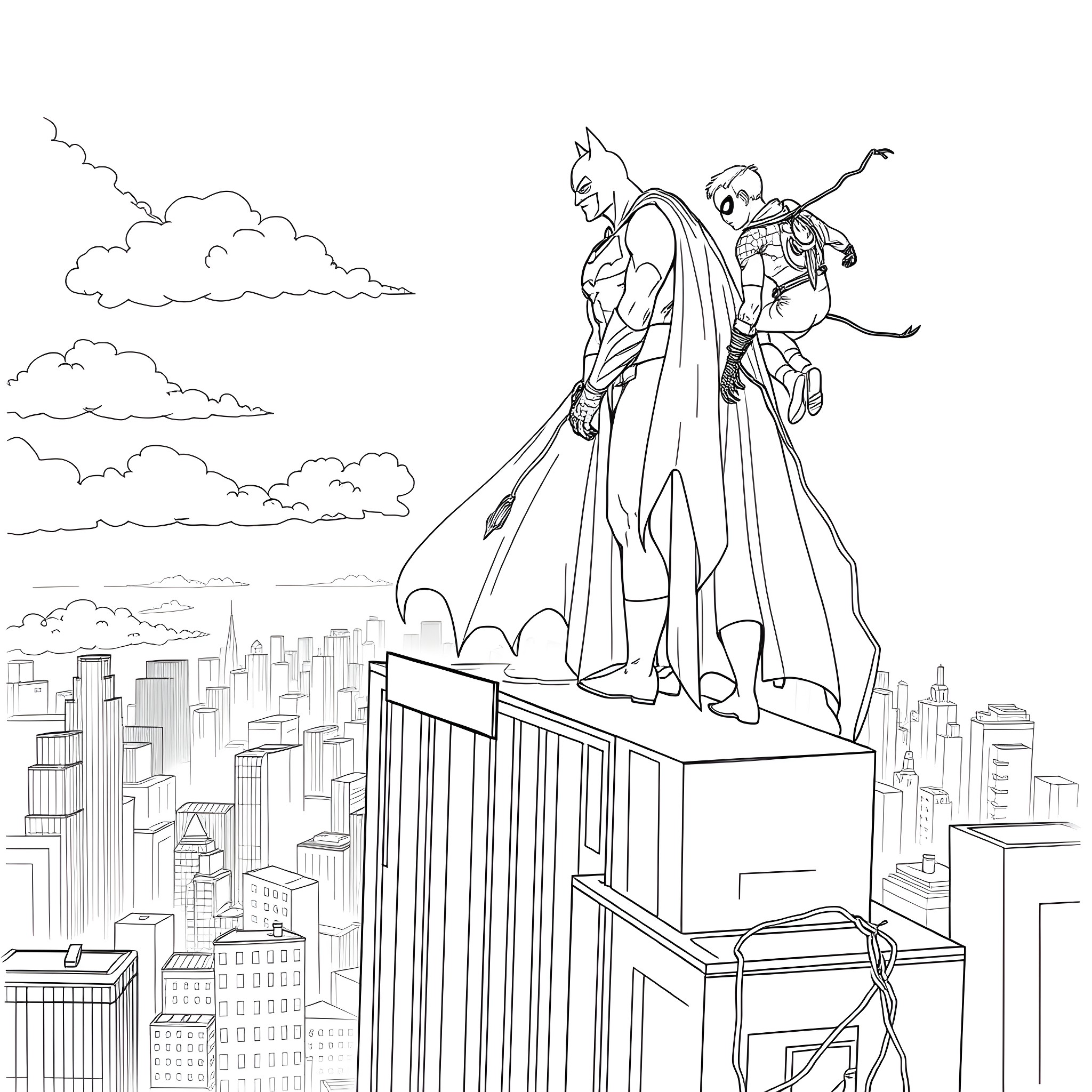 Batman and Sidekick Overlooking City Skyline Coloring Page (free black-and-white line drawing printable PDF for all, from beginners to advanced learners, including children, teens, adults, and seniors)