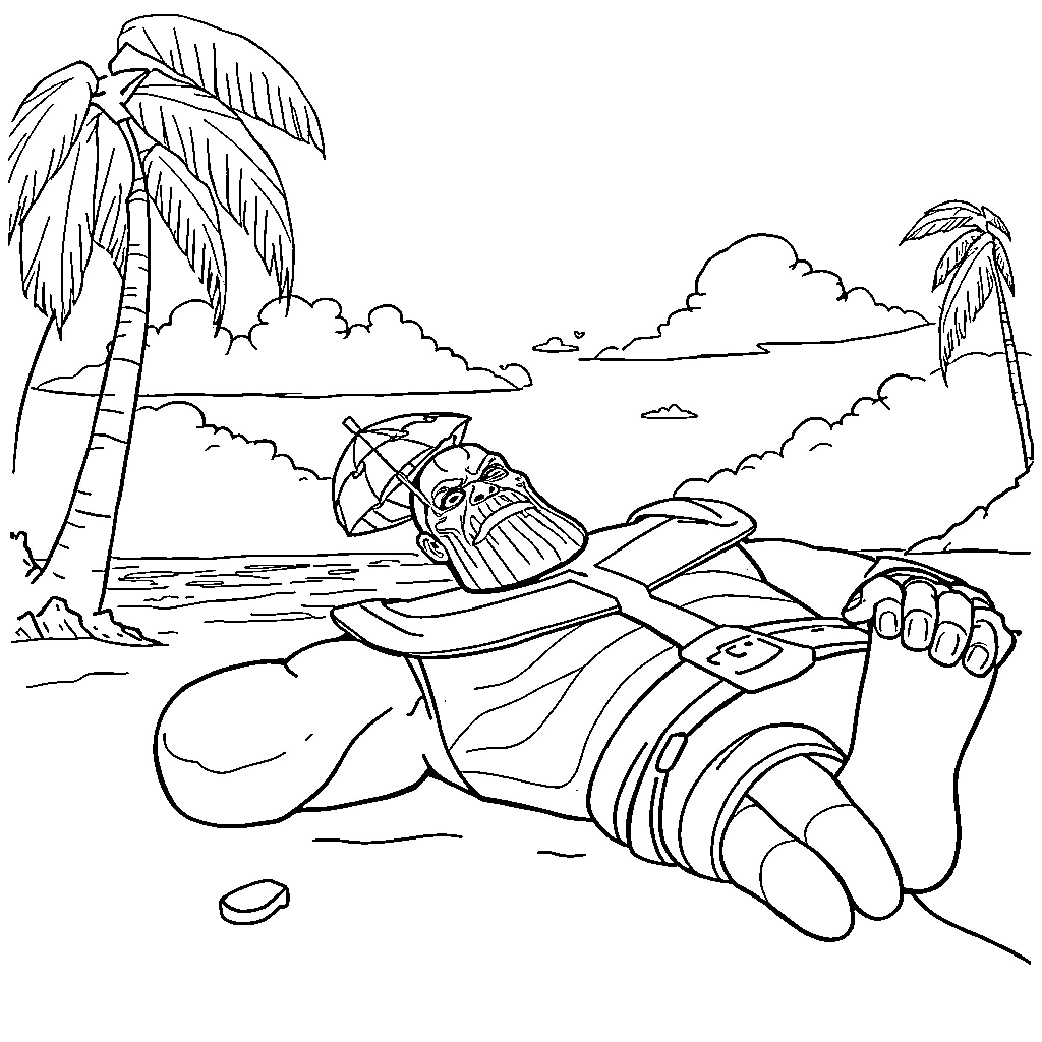 Thanos relaxing on a tropical beach Coloring Page (free black-and-white line drawing printable PDF for all, from beginners to advanced learners, including children, teens, adults, and seniors)