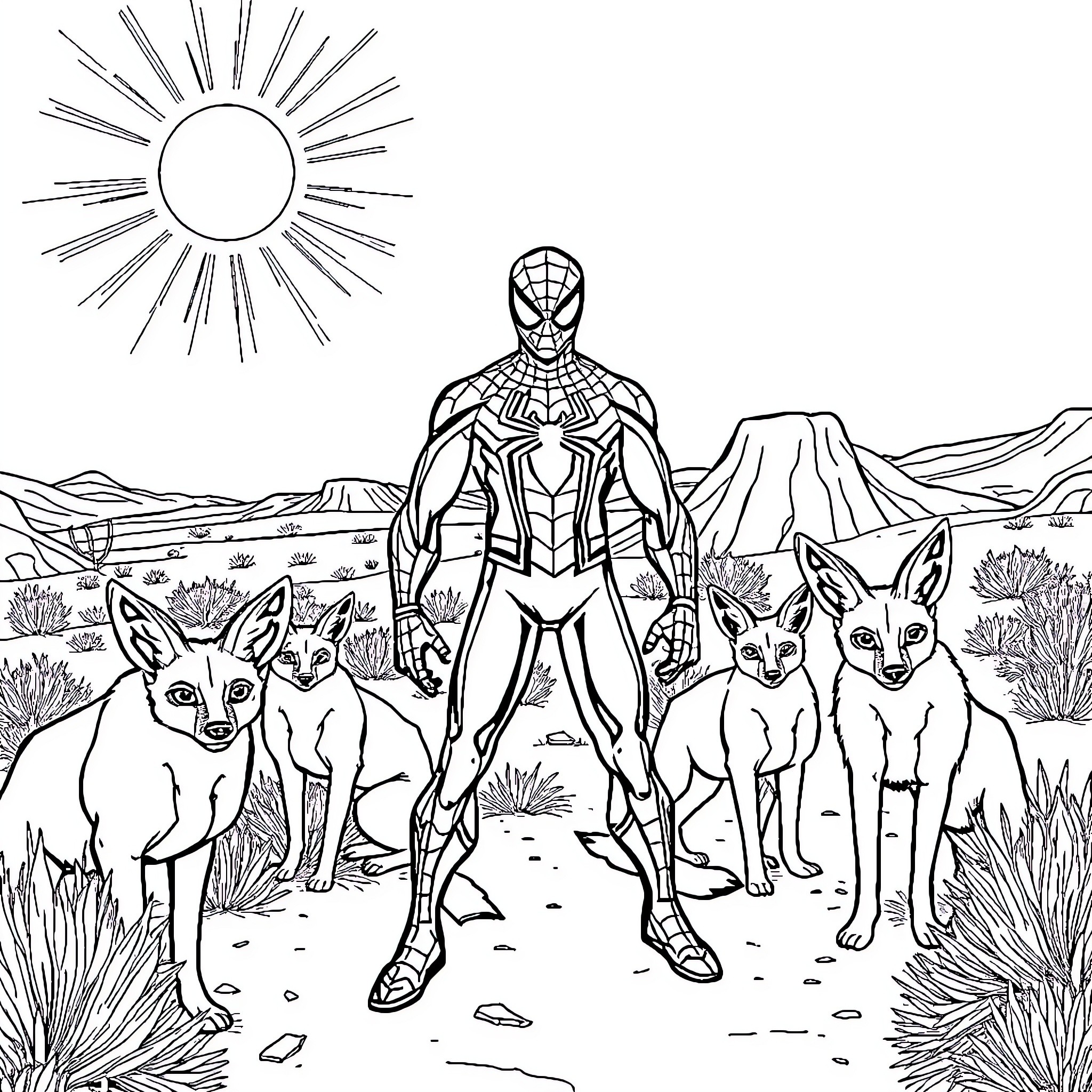 Spider-Man facing desert wildlife in the wilderness Coloring Page (free black-and-white line drawing printable PDF for all, from beginners to advanced learners, including children, teens, adults, and seniors)