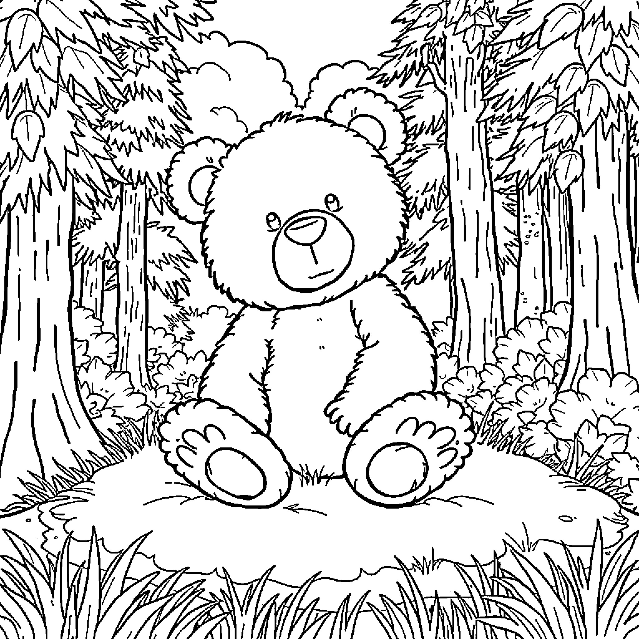 Teddy Bear in Enchanted Forest Coloring Page (free black-and-white line drawing printable PDF for all, from beginners to advanced learners, including children, teens, adults, and seniors)