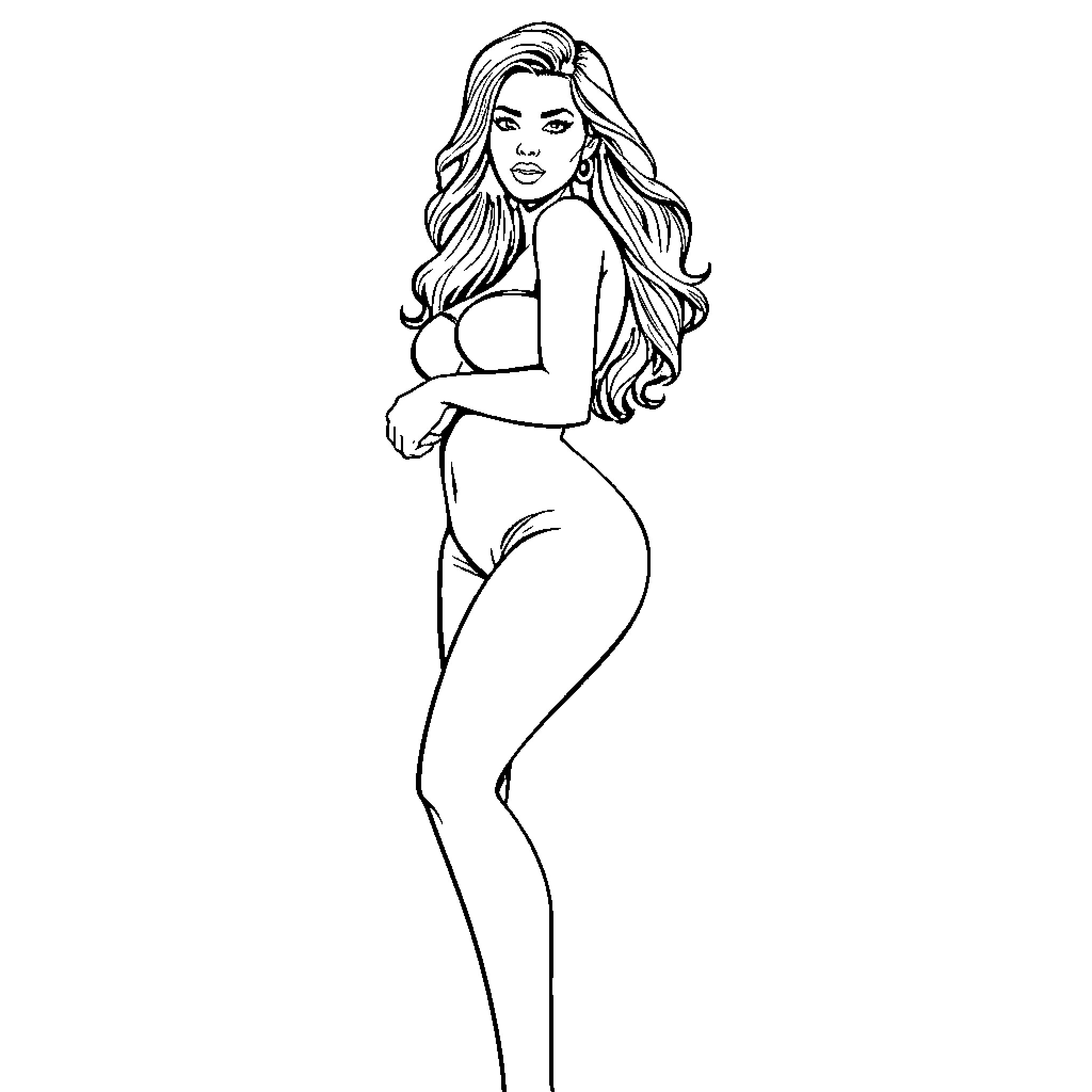 Woman posing confidently in stylish outfit Coloring Page (free black-and-white line drawing printable PDF for all, from beginners to advanced learners, including children, teens, adults, and seniors)