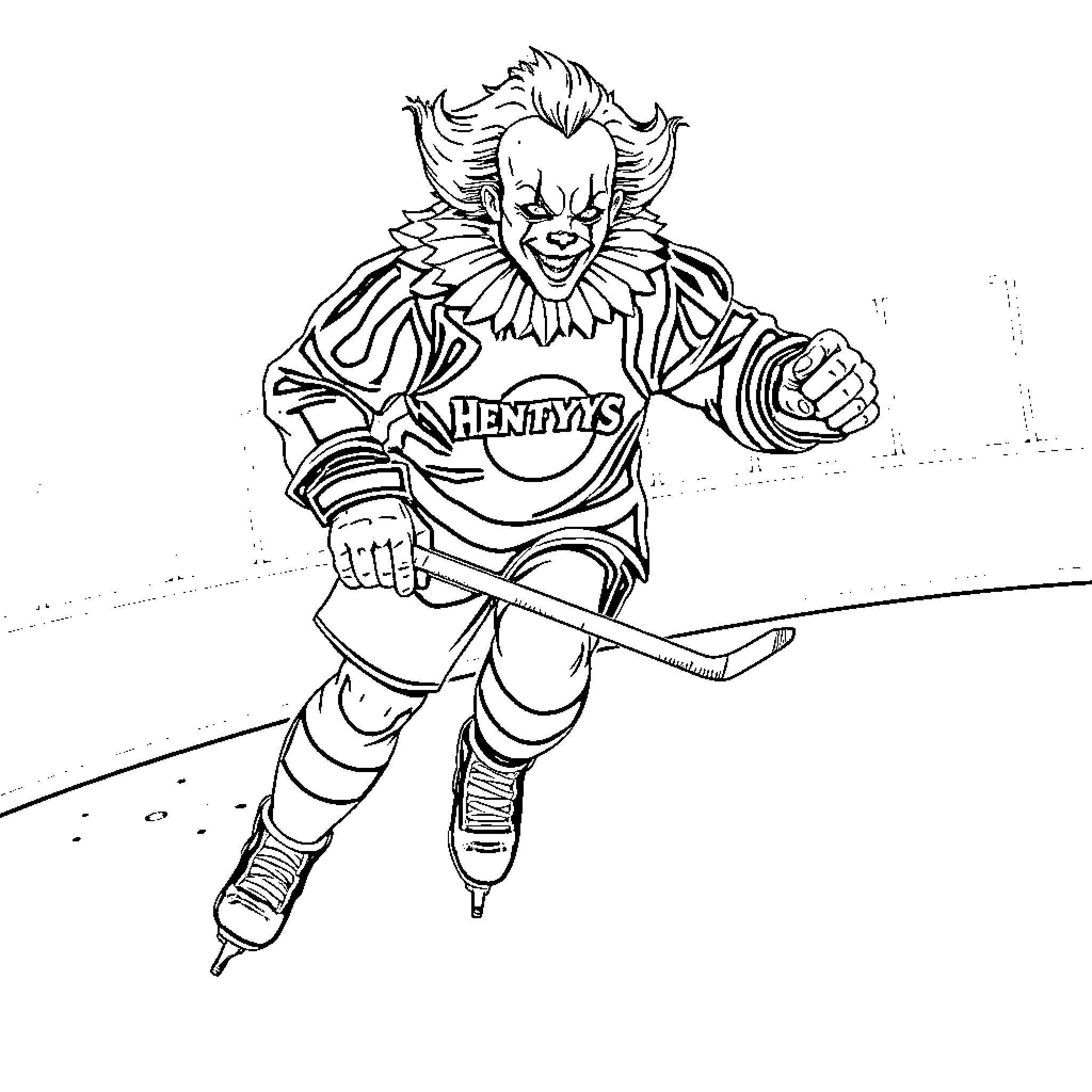 Pennywise the hockey player skating with a stick Coloring Page (free black-and-white line drawing printable PDF for all, from beginners to advanced learners, including children, teens, adults, and seniors)