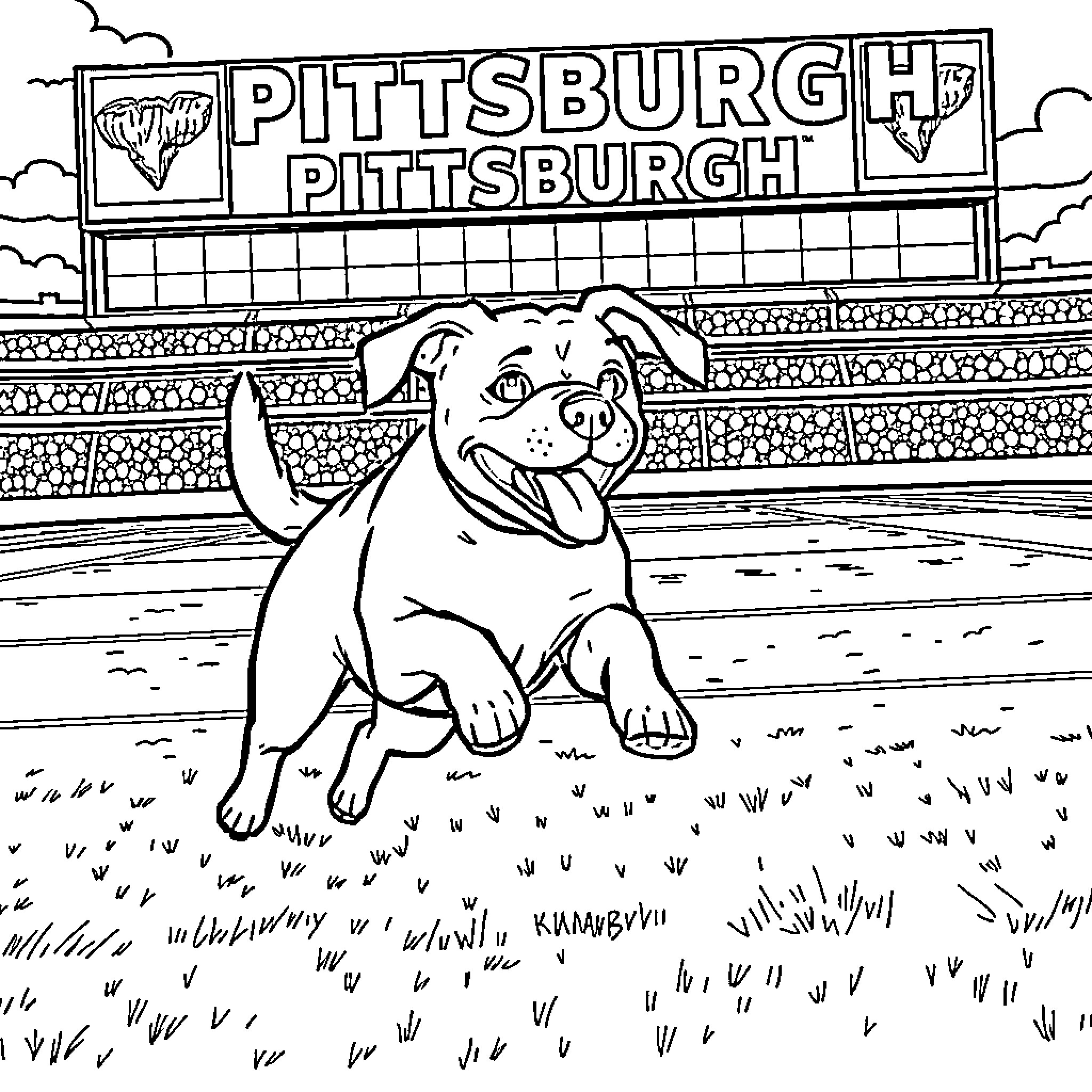 Dog relaxing on the field near Pittsburgh stadium Coloring Page (free black-and-white line drawing printable PDF for all, from beginners to advanced learners, including children, teens, adults, and seniors)