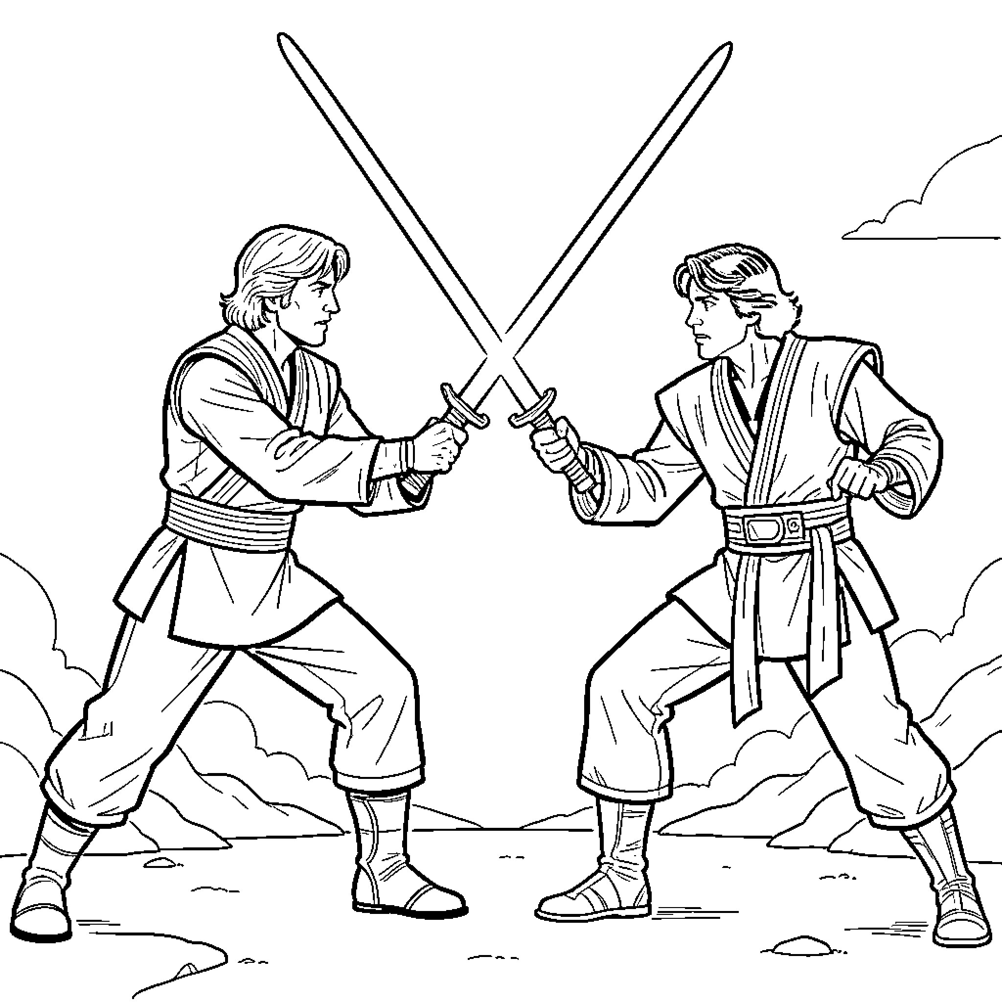 Luke Skywalker dueling with another Jedi knight Coloring Page (free black-and-white line drawing printable PDF for all, from beginners to advanced learners, including children, teens, adults, and seniors)