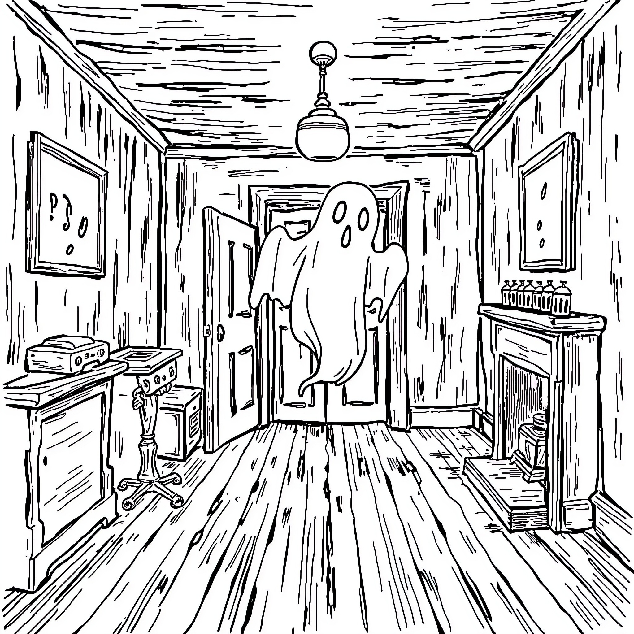 Ghost Haunting an Old Abandoned House Coloring Page (free black-and-white line drawing printable PDF for all, from beginners to advanced learners, including children, teens, adults, and seniors)