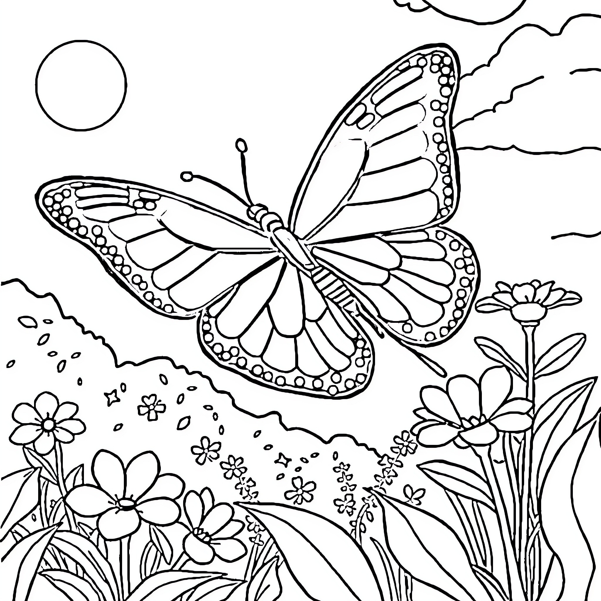 Butterfly flying gracefully through a floral garden Coloring Page (free black-and-white line drawing printable PDF for all, from beginners to advanced learners, including children, teens, adults, and seniors)