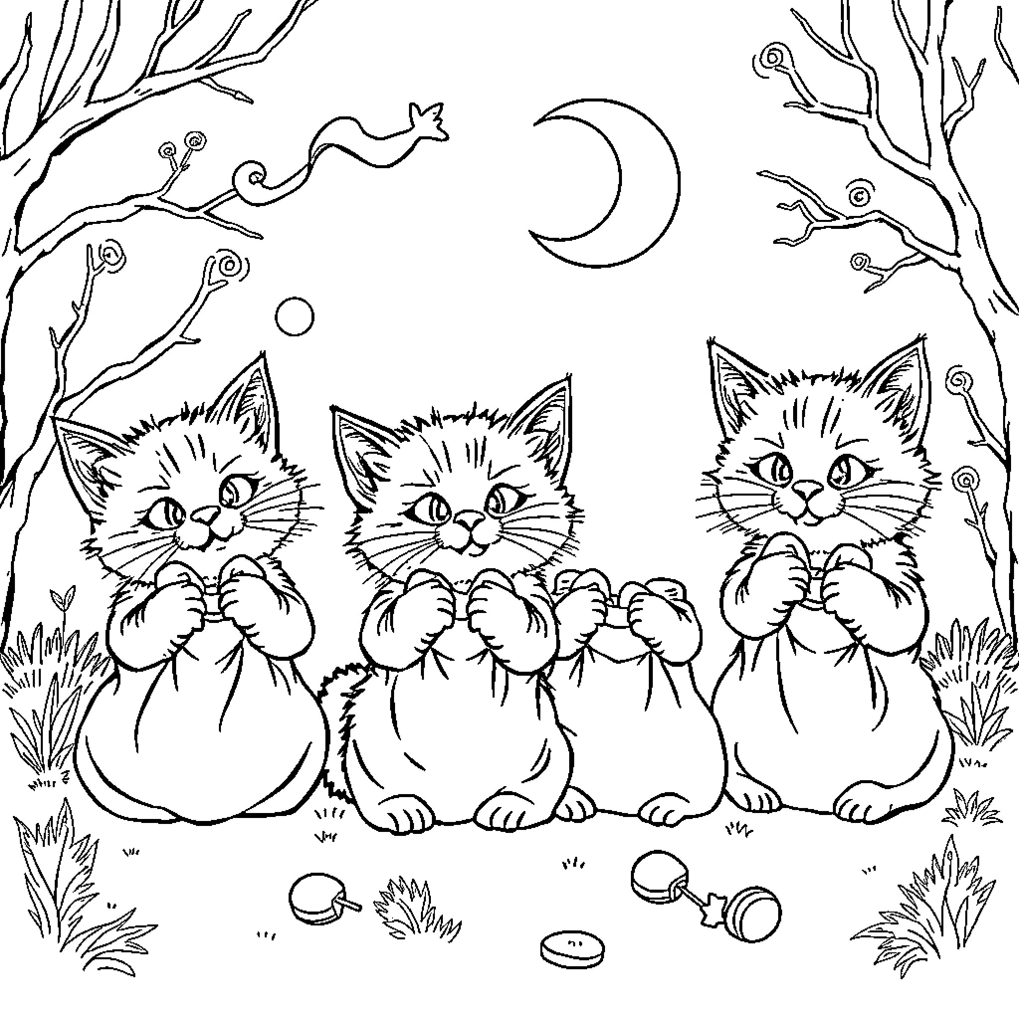 Cat kittens exploring the forest at night Coloring Page (free black-and-white line drawing printable PDF for all, from beginners to advanced learners, including children, teens, adults, and seniors)