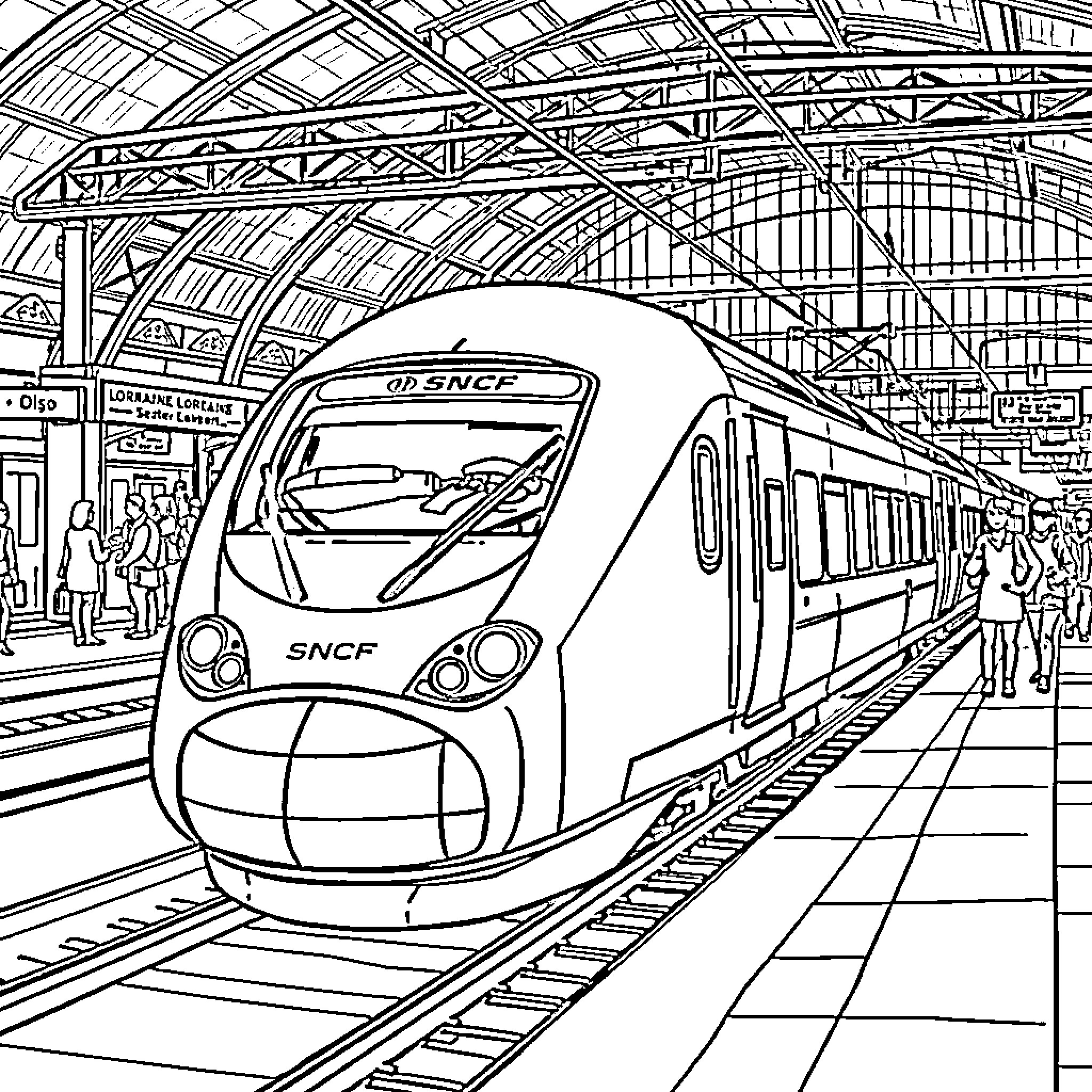 TGV Train Arriving at Crowded Station Platform Coloring Page (free black-and-white line drawing printable PDF for all, from beginners to advanced learners, including children, teens, adults, and seniors)