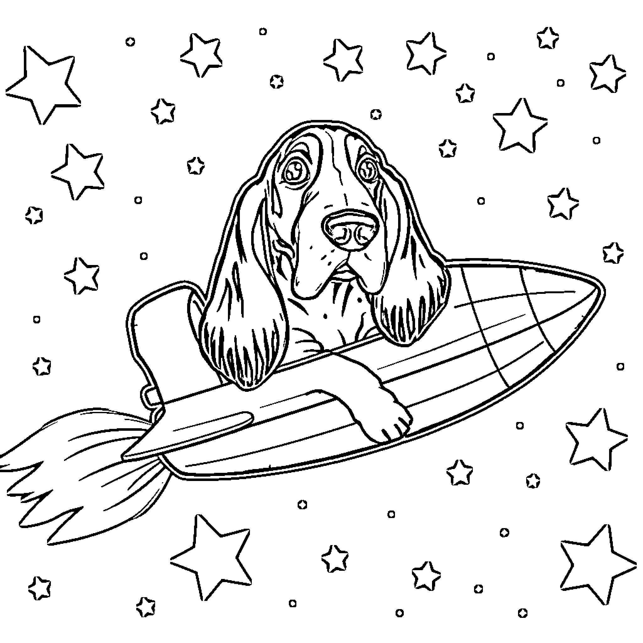 Basset Hound riding a rocket surrounded by stars Coloring Page (free black-and-white line drawing printable PDF for all, from beginners to advanced learners, including children, teens, adults, and seniors)