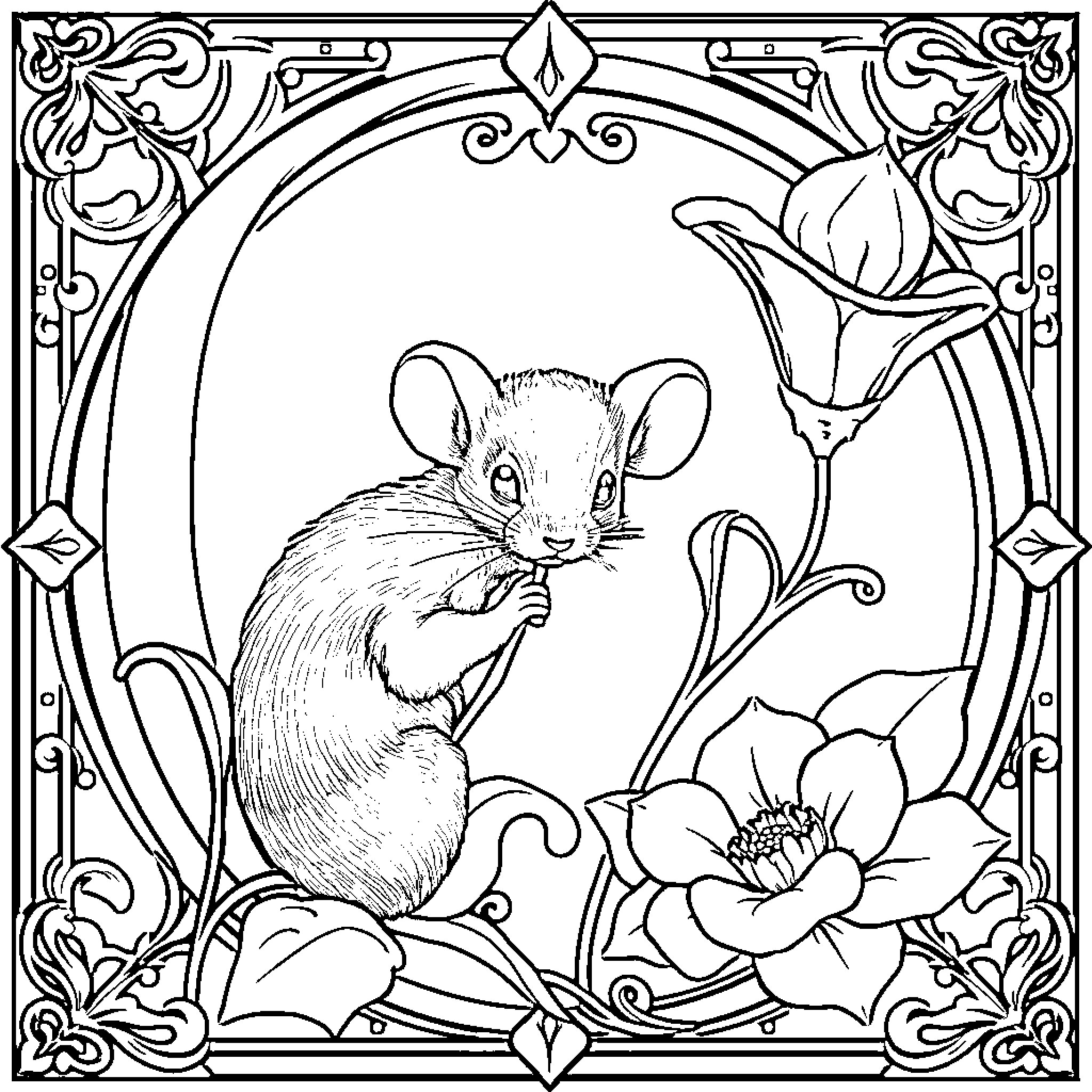 Mouse amidst floral art nouveau decor Coloring Page (free black-and-white line drawing printable PDF for all, from beginners to advanced learners, including children, teens, adults, and seniors)