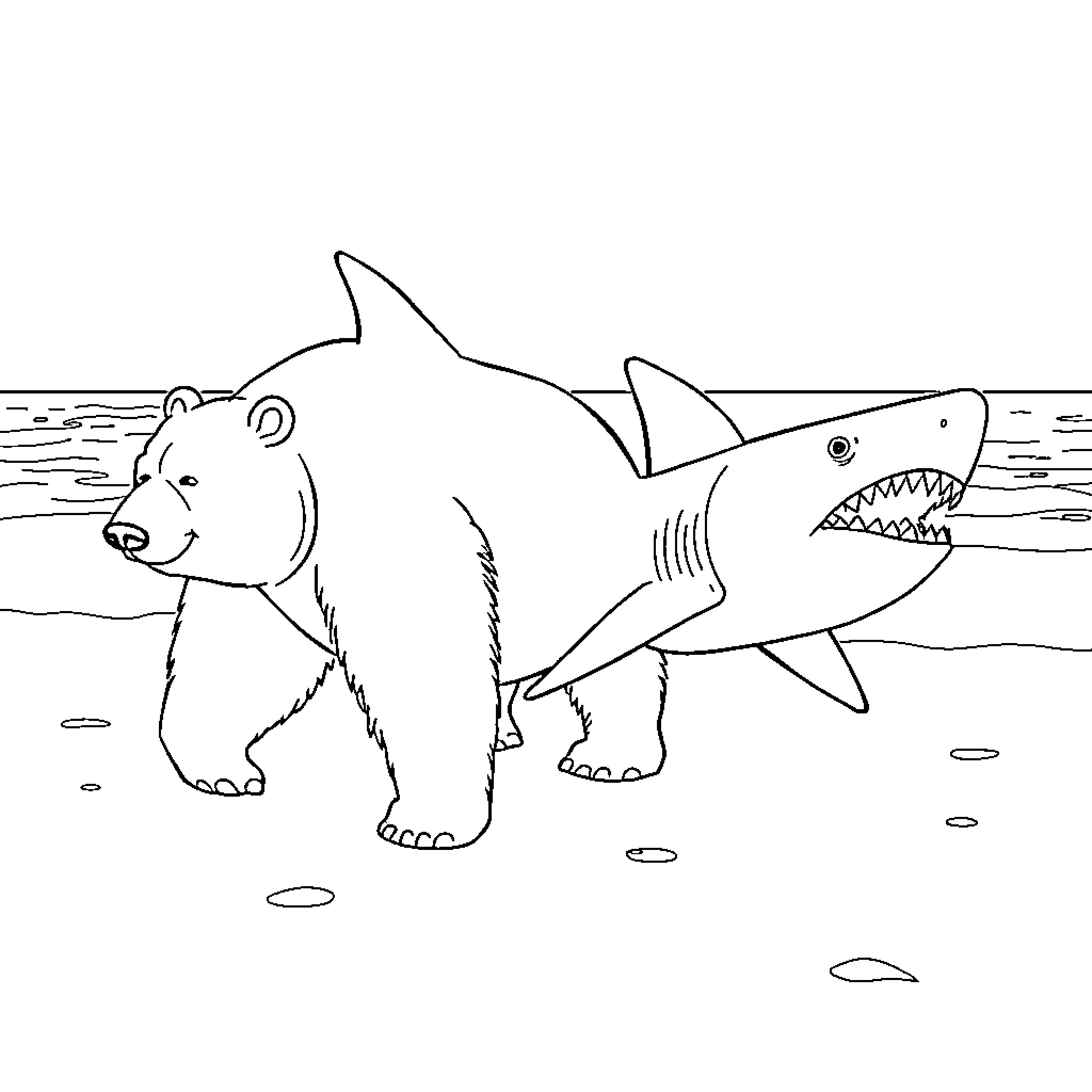 Bear encounters aggressive shark in the ocean Coloring Page (free black-and-white line drawing printable PDF for all, from beginners to advanced learners, including children, teens, adults, and seniors)