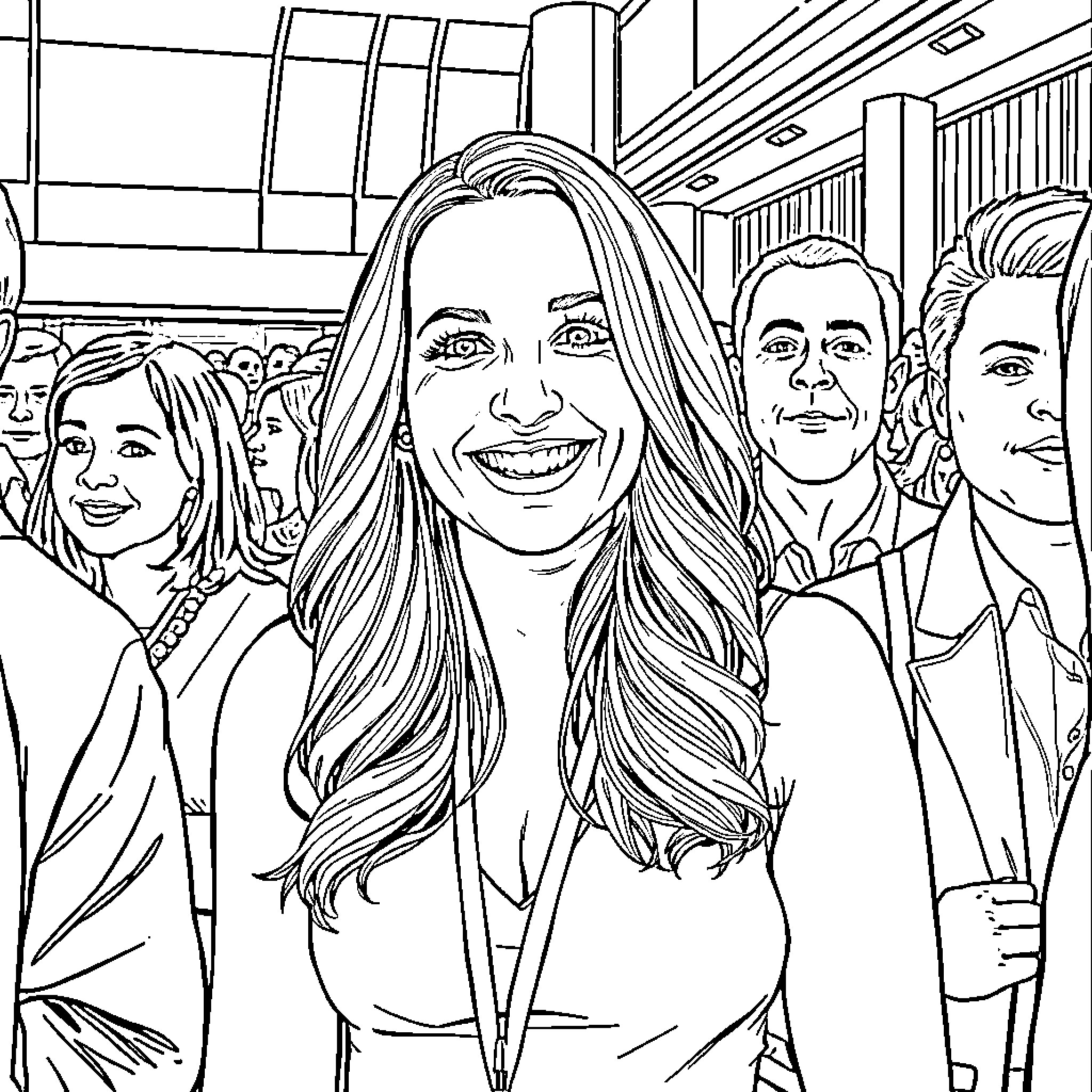 Megan Mulroney smiling and surrounded by others Coloring Page (free black-and-white line drawing printable PDF for all, from beginners to advanced learners, including children, teens, adults, and seniors)