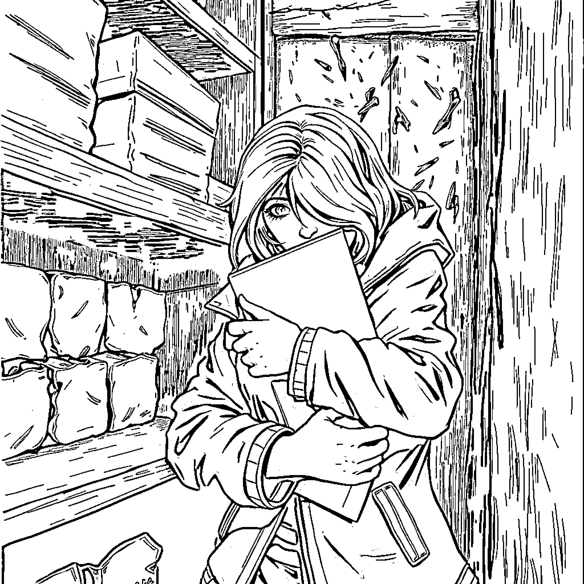 File of a girl reading a book in a dimly lit room Coloring Page (free black-and-white line drawing printable PDF for all, from beginners to advanced learners, including children, teens, adults, and seniors)
