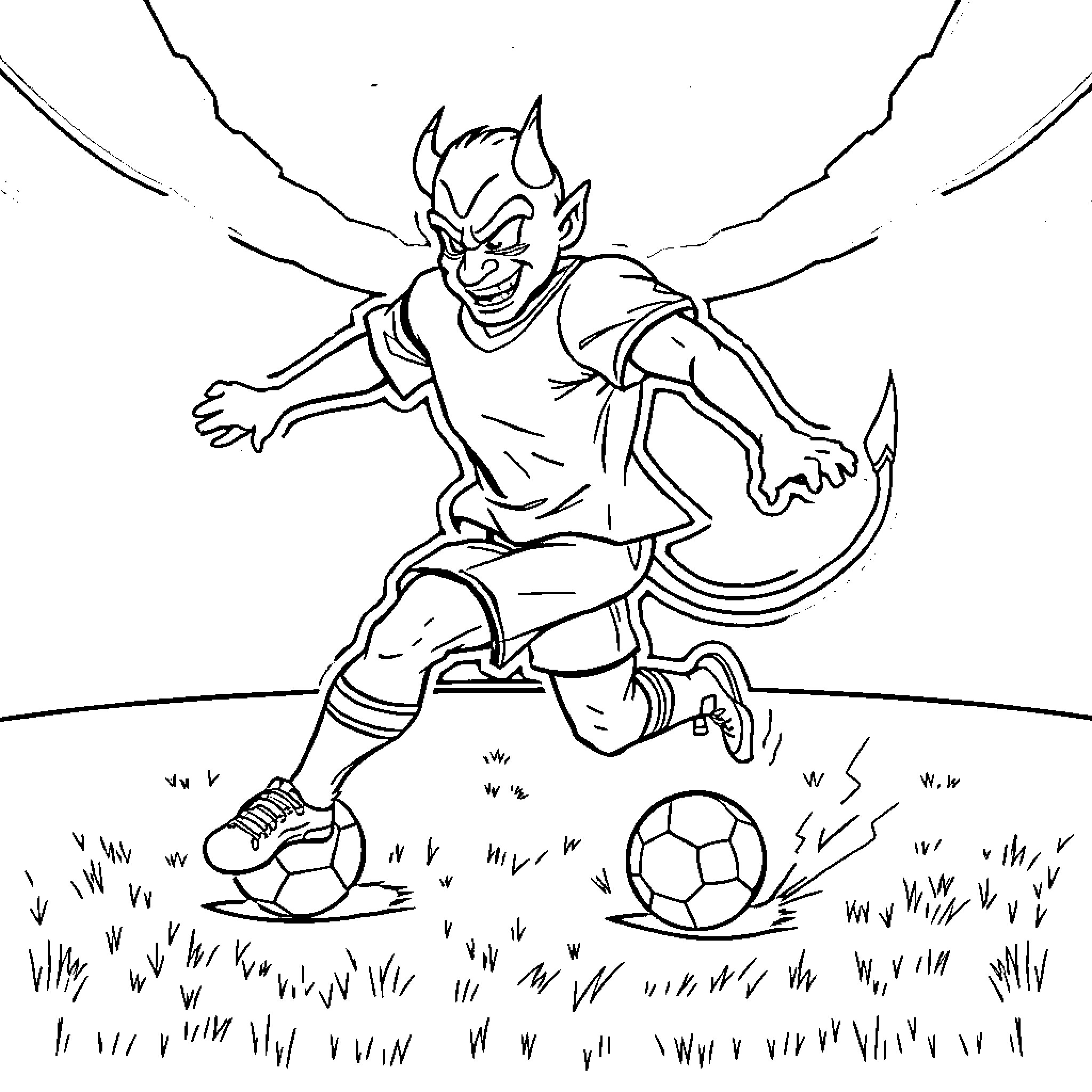 Devil soccer player dribbling the ball with passion Coloring Page (free black-and-white line drawing printable PDF for all, from beginners to advanced learners, including children, teens, adults, and seniors)