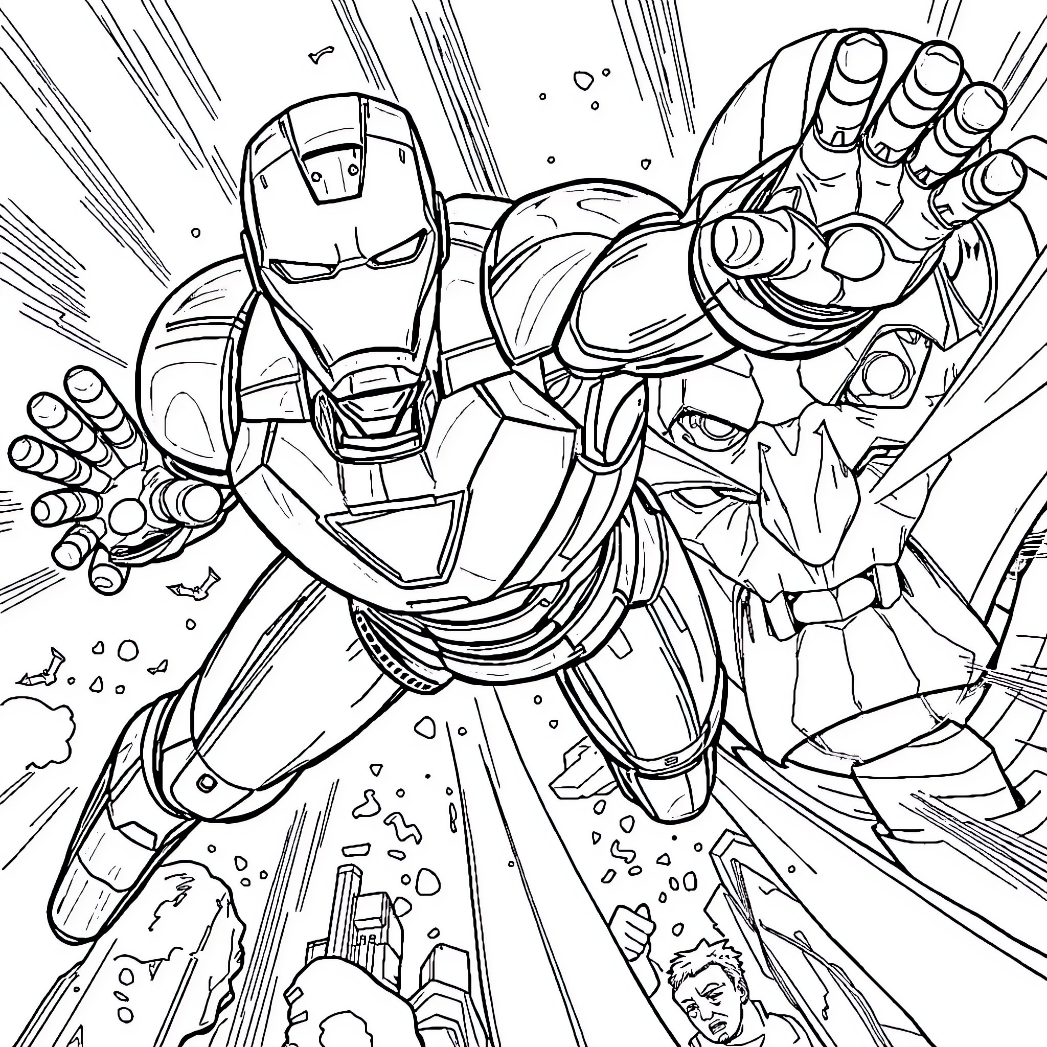 Ironman in Heroic Action Pose Coloring Page (free black-and-white line drawing printable PDF for all, from beginners to advanced learners, including children, teens, adults, and seniors)