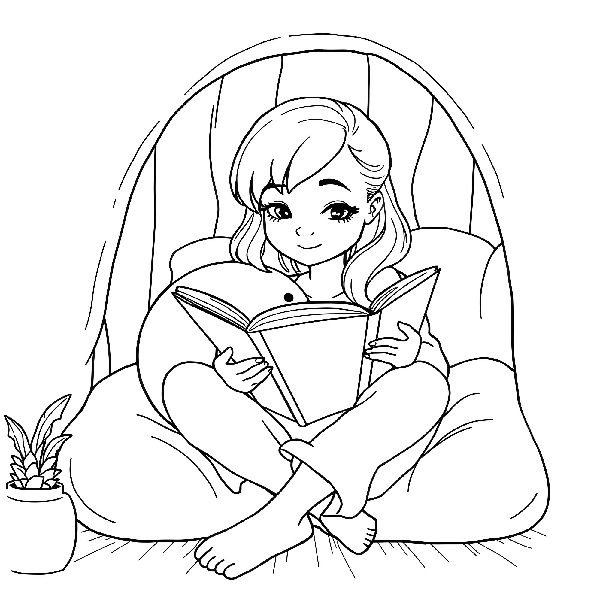 Ginny reading a book comfortably in her chair Coloring Page (free black-and-white line drawing printable PDF for all, from beginners to advanced learners, including children, teens, adults, and seniors)