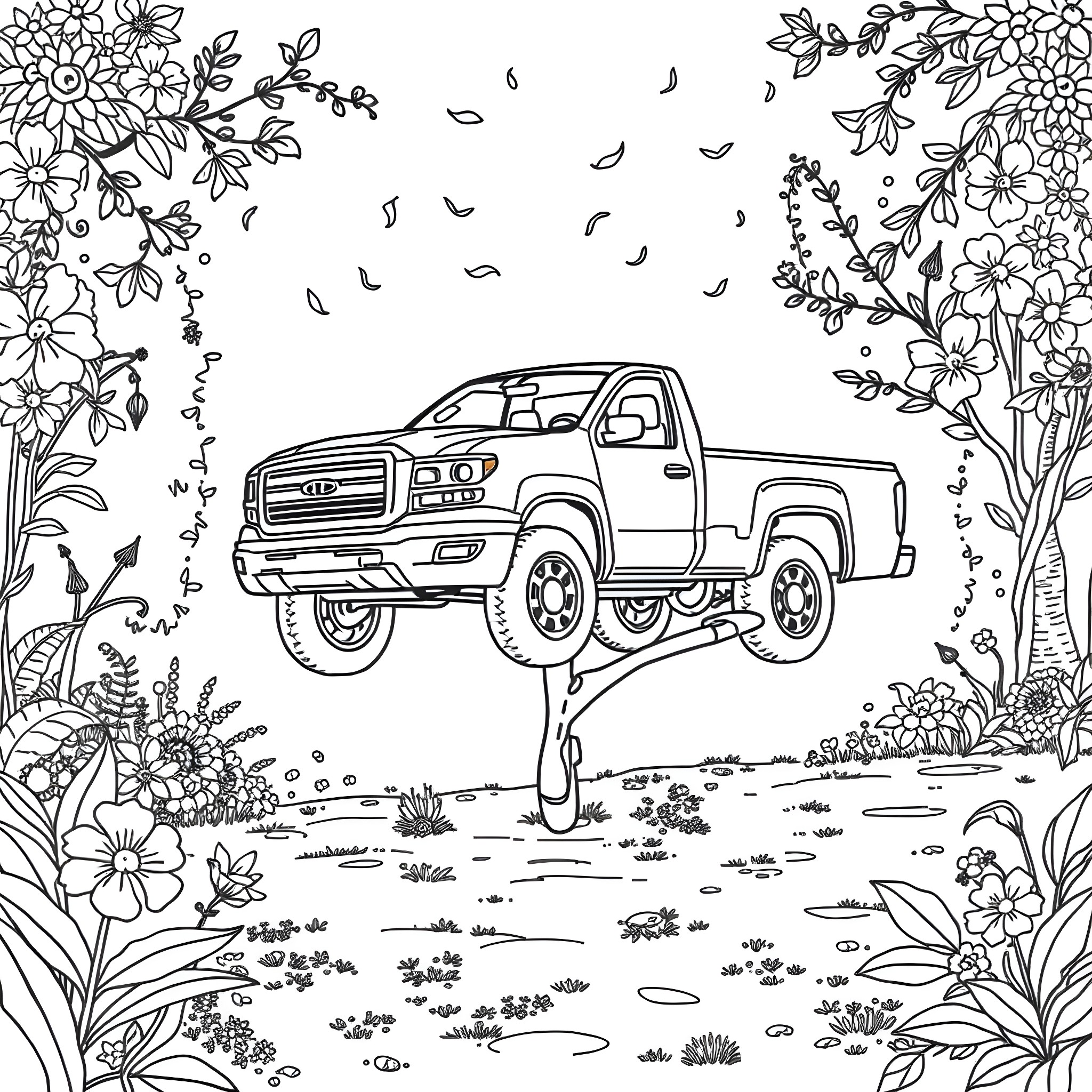 Pick Up Truck Driving Through Floral Landscape Coloring Page (free black-and-white line drawing printable PDF for all, from beginners to advanced learners, including children, teens, adults, and seniors)