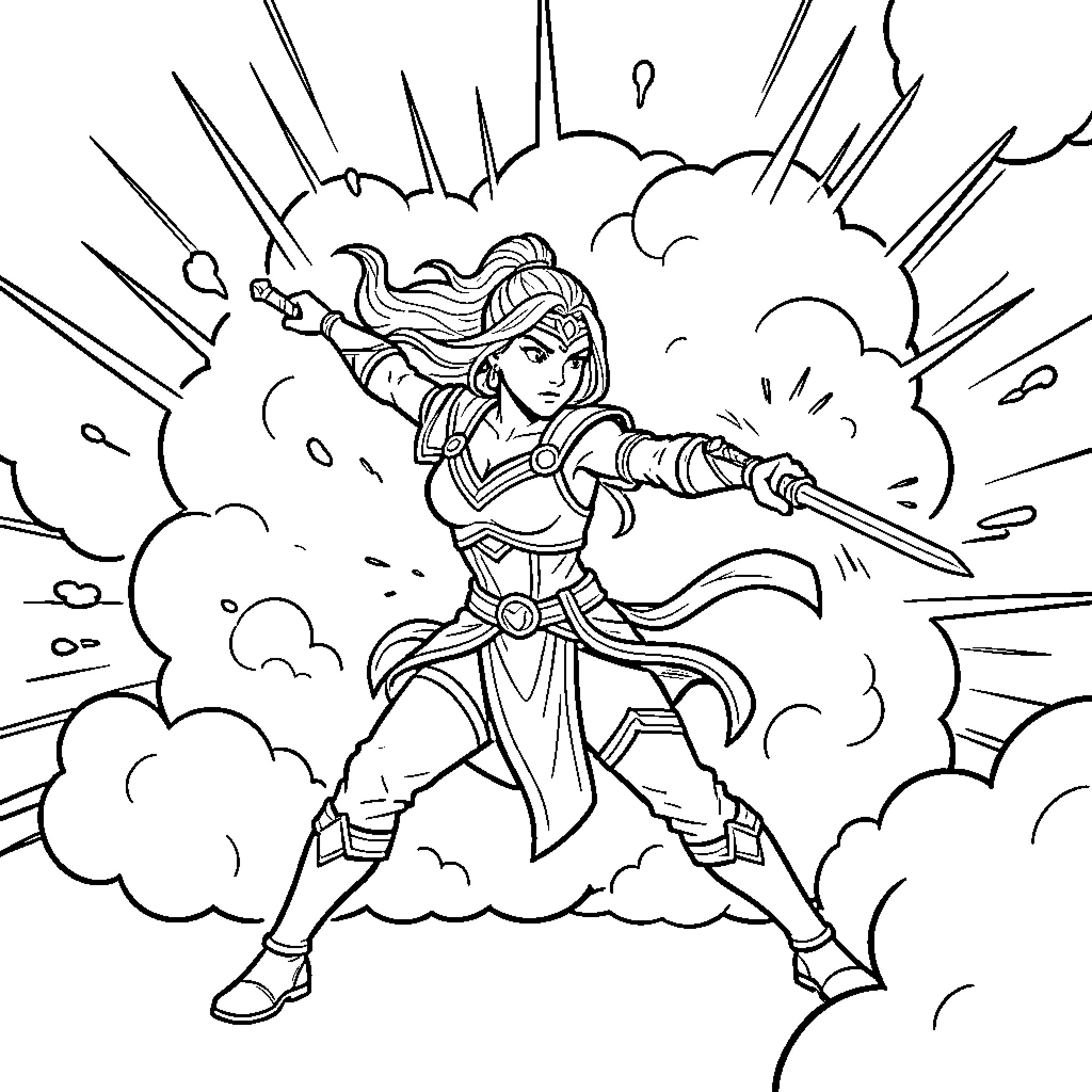 Akali wielding dual blades in an intense battle pose Coloring Page (free black-and-white line drawing printable PDF for all, from beginners to advanced learners, including children, teens, adults, and seniors)