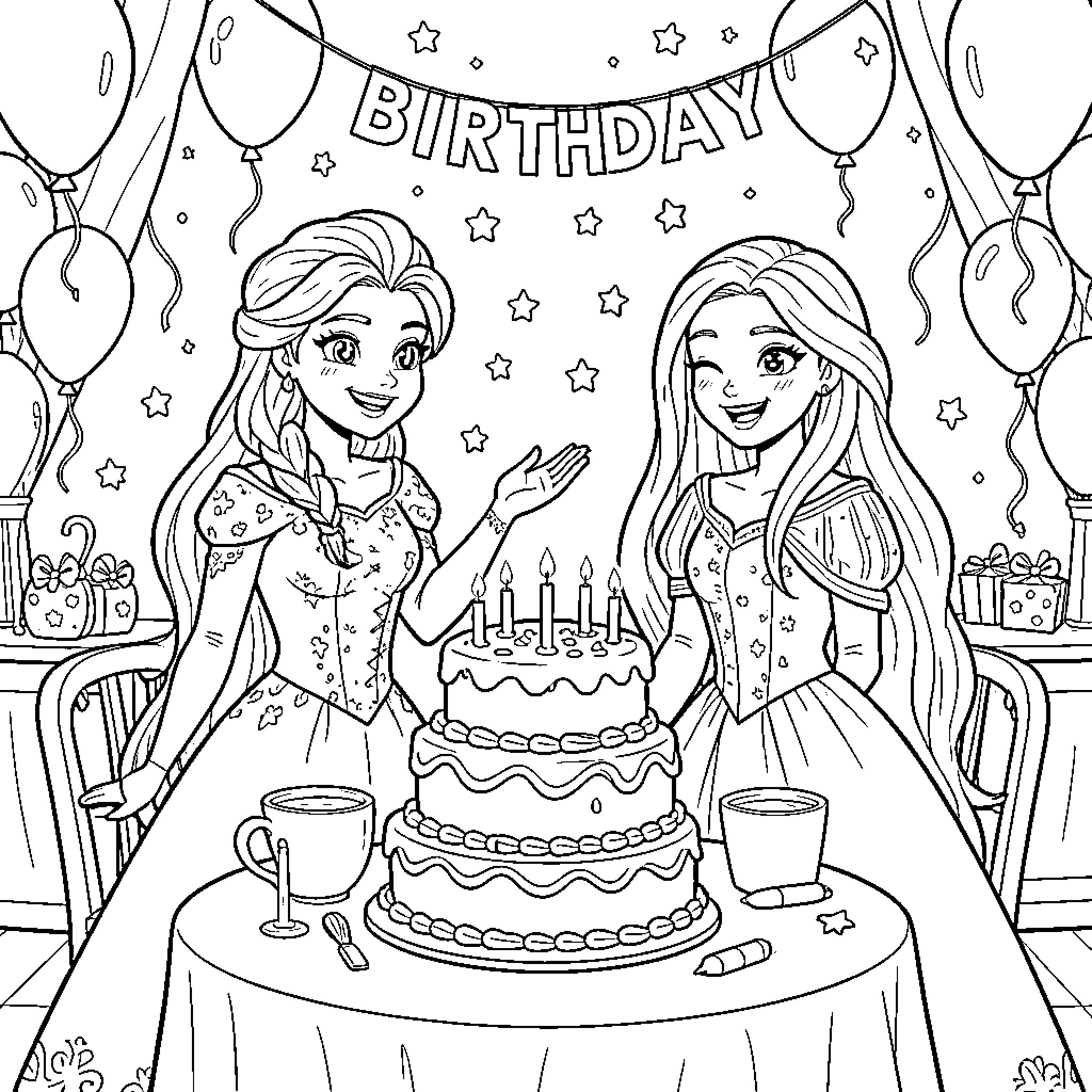 Elsa celebrating a birthday with a large cake Coloring Page (free black-and-white line drawing printable PDF for all, from beginners to advanced learners, including children, teens, adults, and seniors)