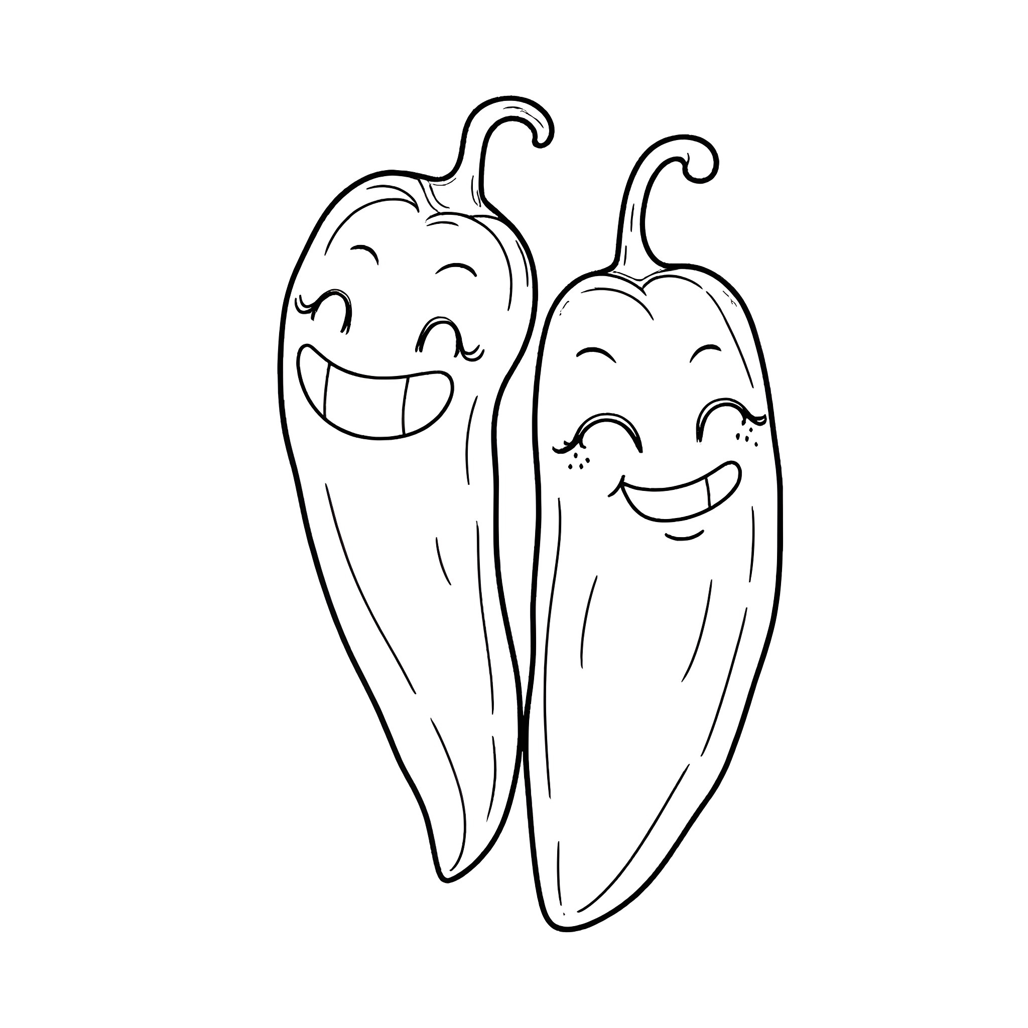 Jalapeno peppers happily smiling together Coloring Page (free black-and-white line drawing printable PDF for all, from beginners to advanced learners, including children, teens, adults, and seniors)