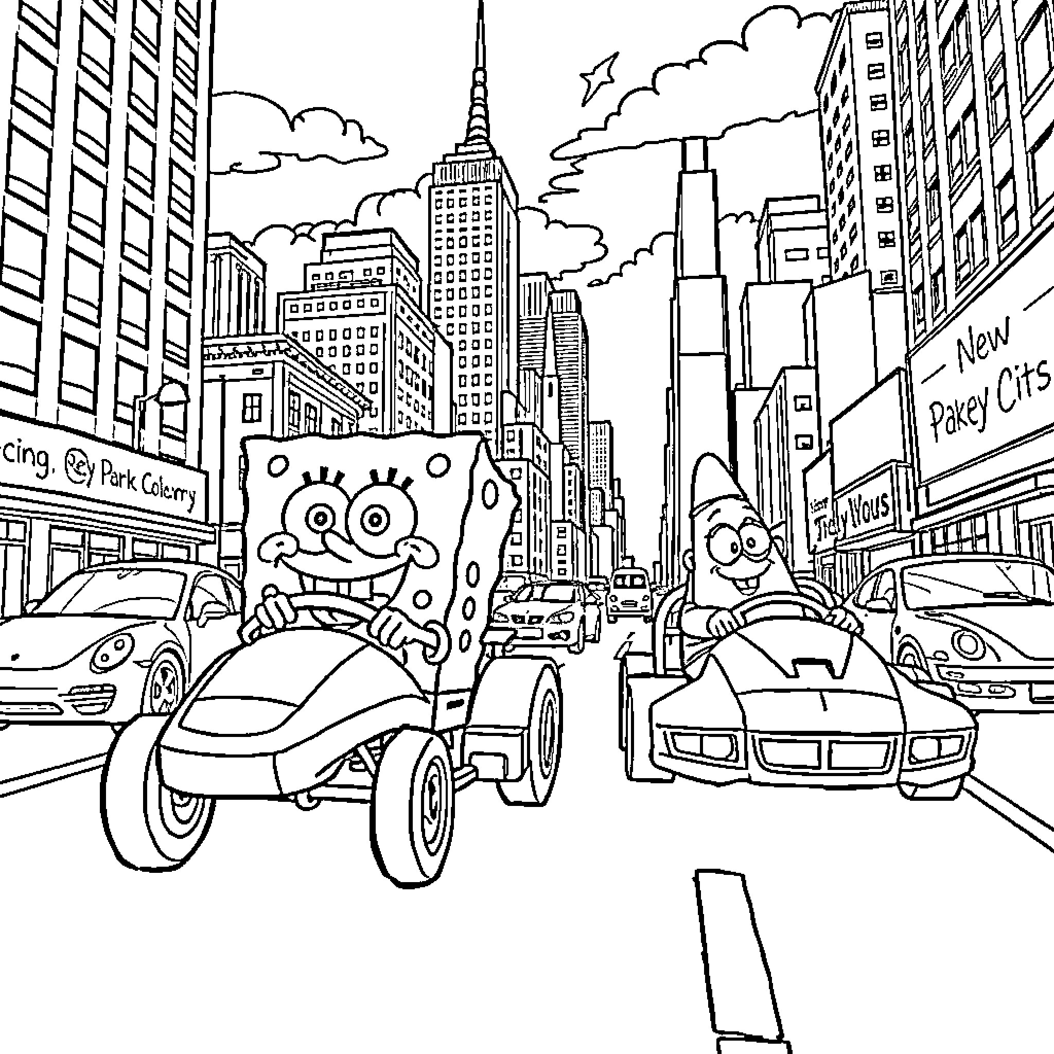 Spongebob and friends on a wild ride through New York City Coloring Page (free black-and-white line drawing printable PDF for all, from beginners to advanced learners, including children, teens, adults, and seniors)