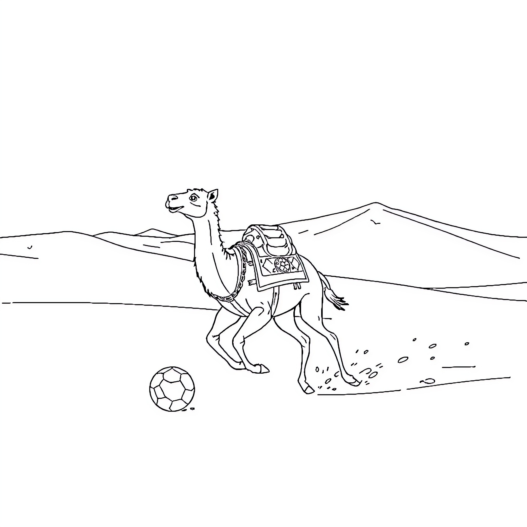 Camel playing with soccer ball in the desert Coloring Page (free black-and-white line drawing printable PDF for all, from beginners to advanced learners, including children, teens, adults, and seniors)
