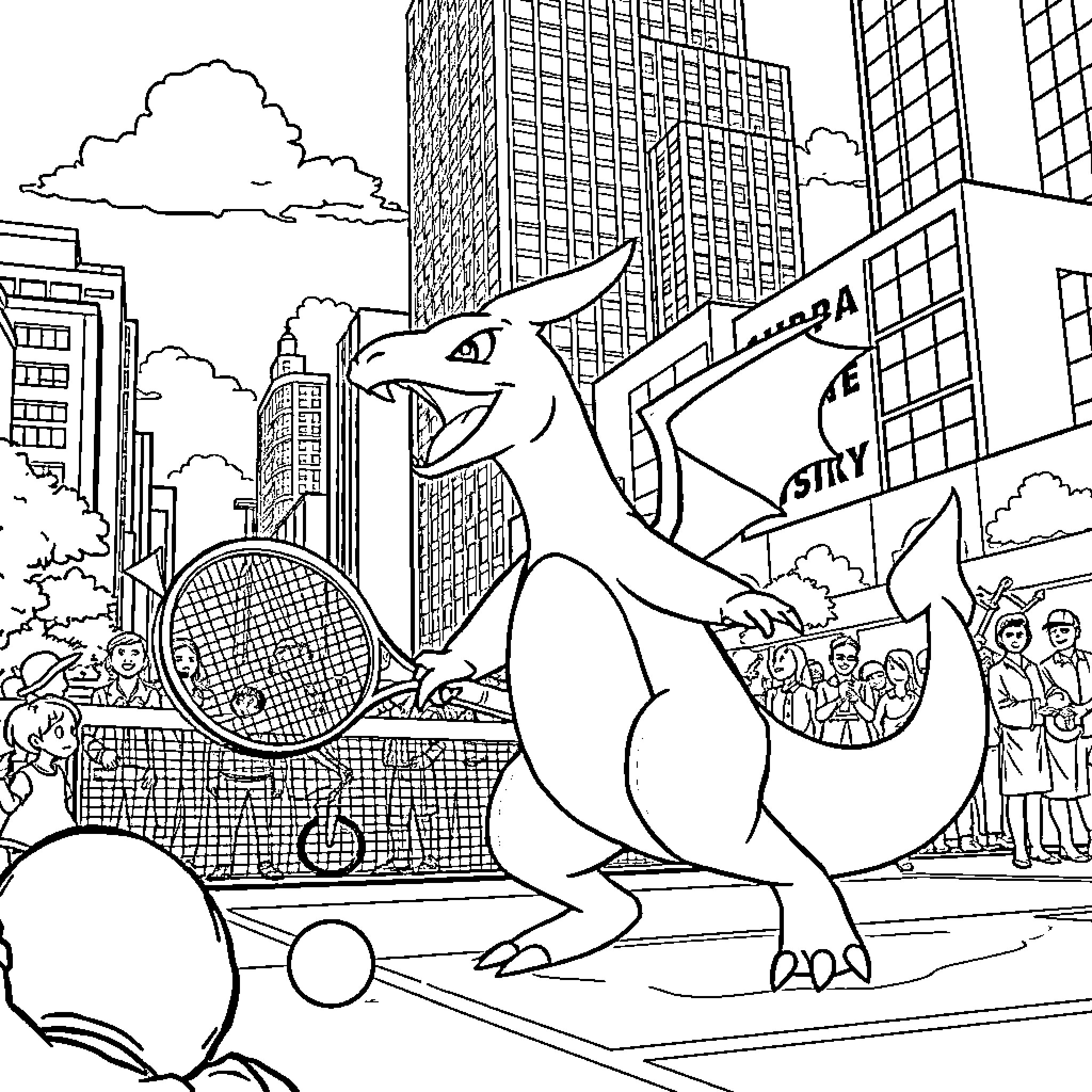 Charizard playing tennis in the city Coloring Page (free black-and-white line drawing printable PDF for all, from beginners to advanced learners, including children, teens, adults, and seniors)