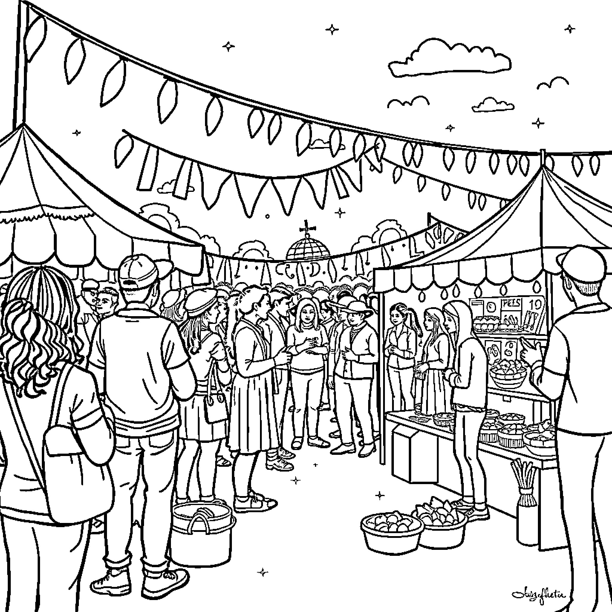 Migrant families enjoying a vibrant outdoor market Coloring Page (free black-and-white line drawing printable PDF for all, from beginners to advanced learners, including children, teens, adults, and seniors)
