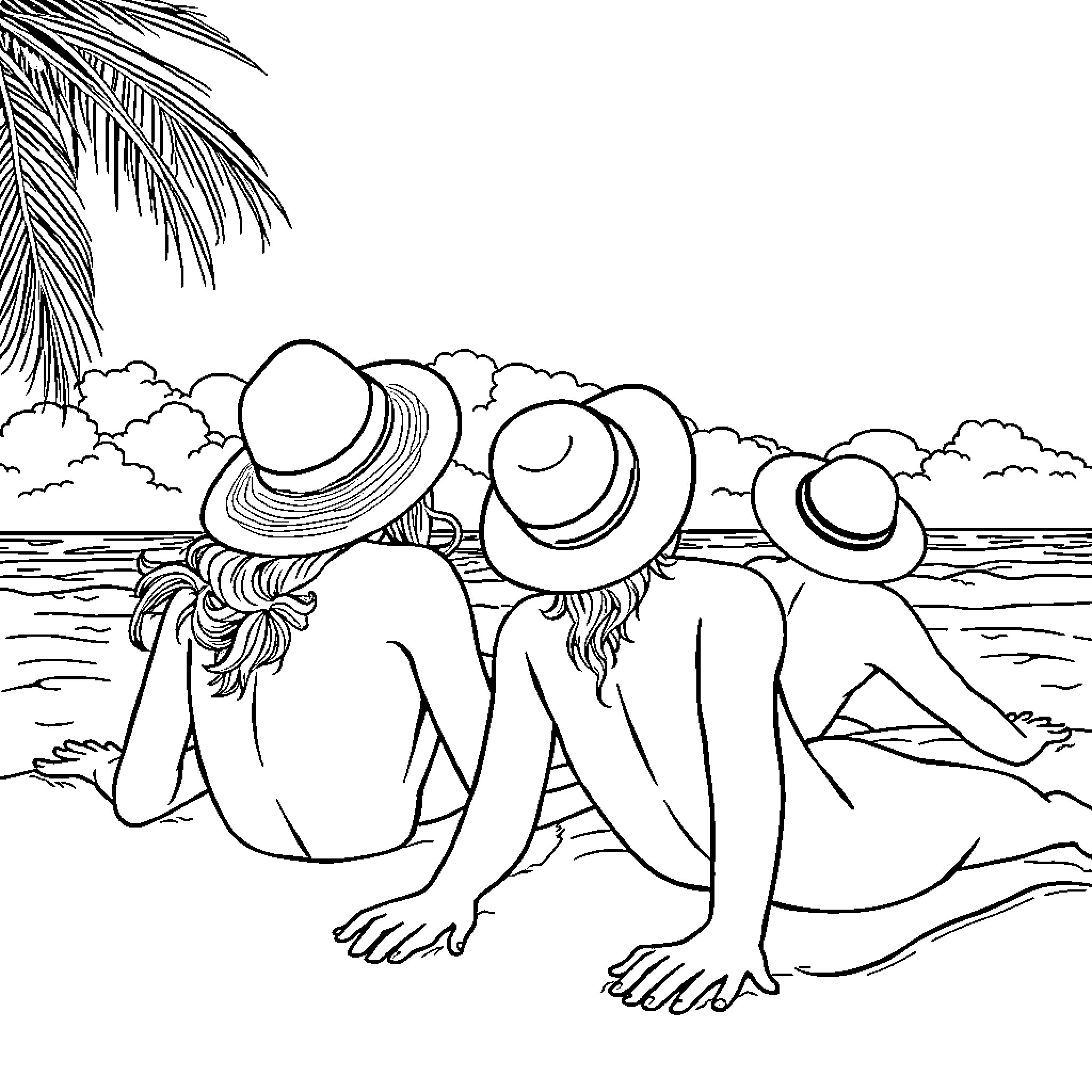 Lady relaxing on the beach with friends Coloring Page (free black-and-white line drawing printable PDF for all, from beginners to advanced learners, including children, teens, adults, and seniors)