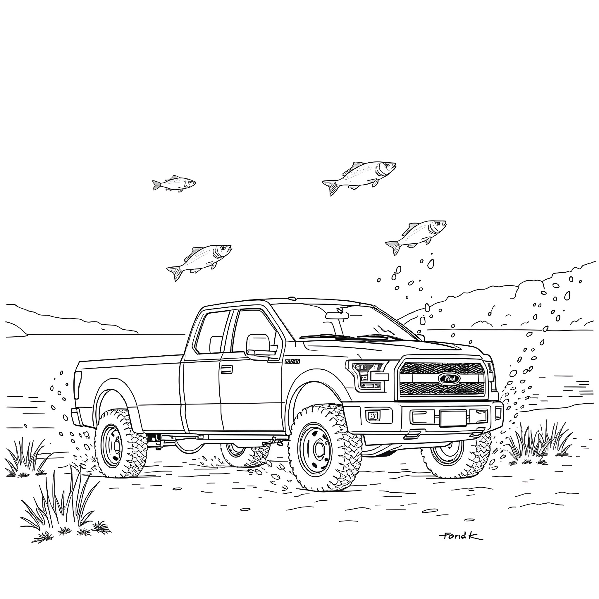 Ford Pickup Truck Navigating Muddy Terrain Coloring Page (free black-and-white line drawing printable PDF for all, from beginners to advanced learners, including children, teens, adults, and seniors)
