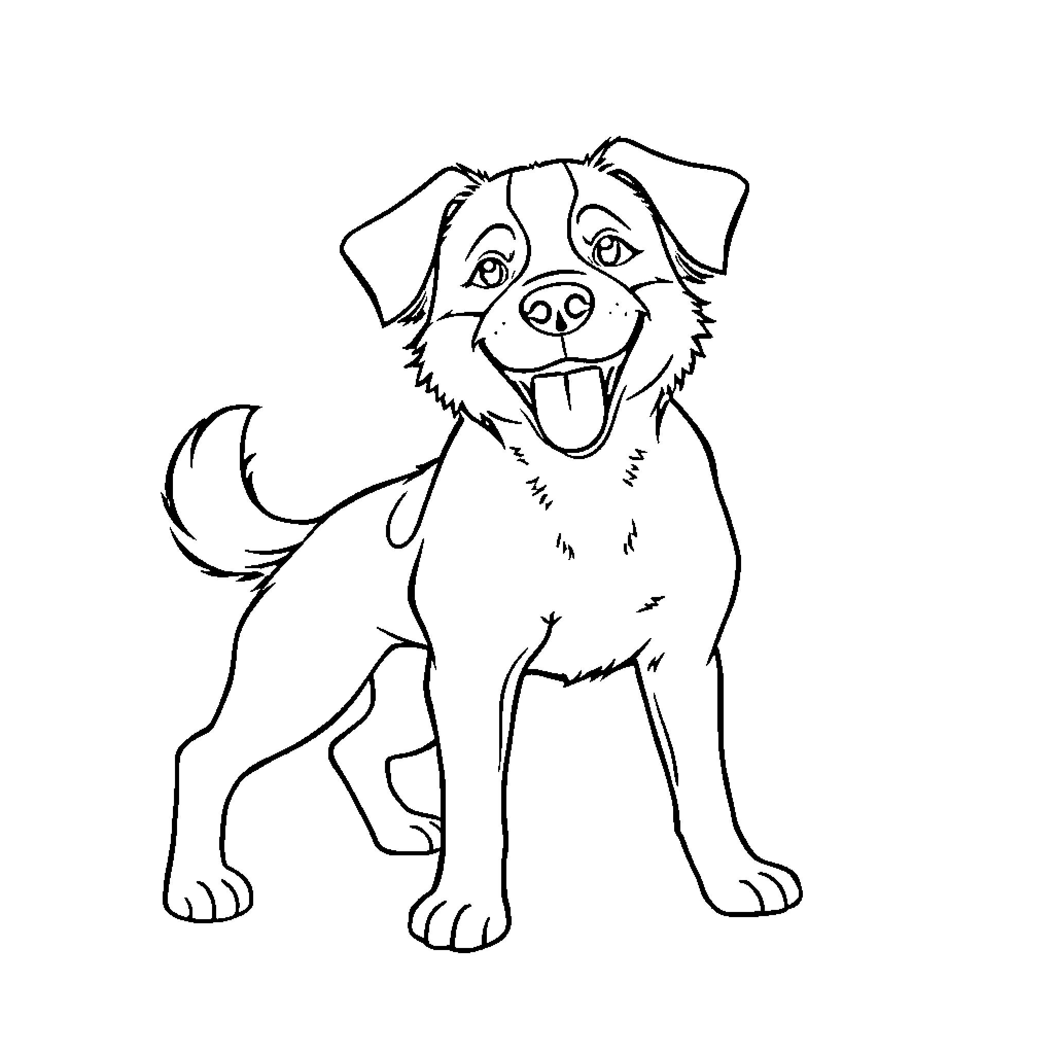 Dog sitting happily and smiling Coloring Page (free black-and-white line drawing printable PDF for all, from beginners to advanced learners, including children, teens, adults, and seniors)