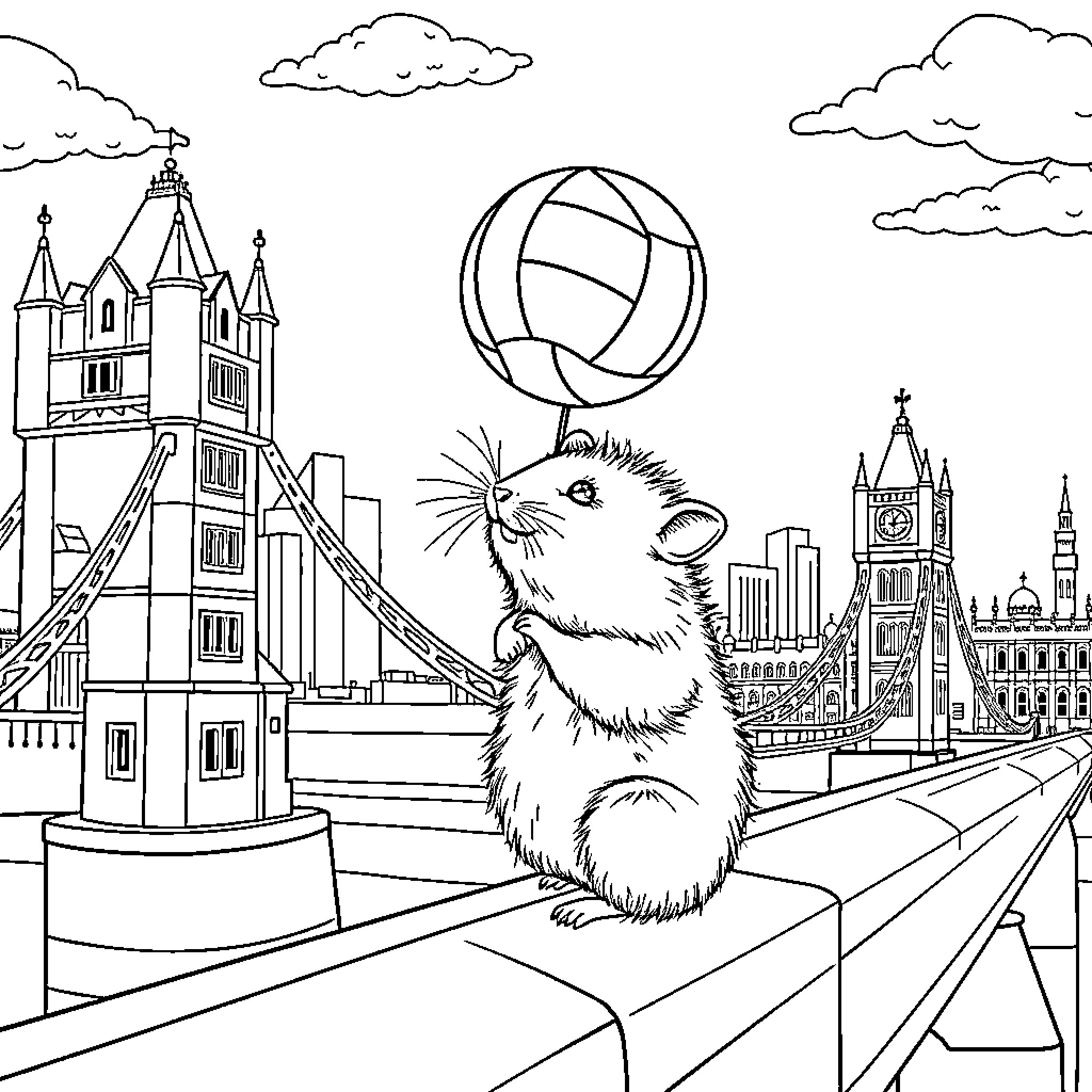 Hamster playing with volleyball in the city Coloring Page (free black-and-white line drawing printable PDF for all, from beginners to advanced learners, including children, teens, adults, and seniors)