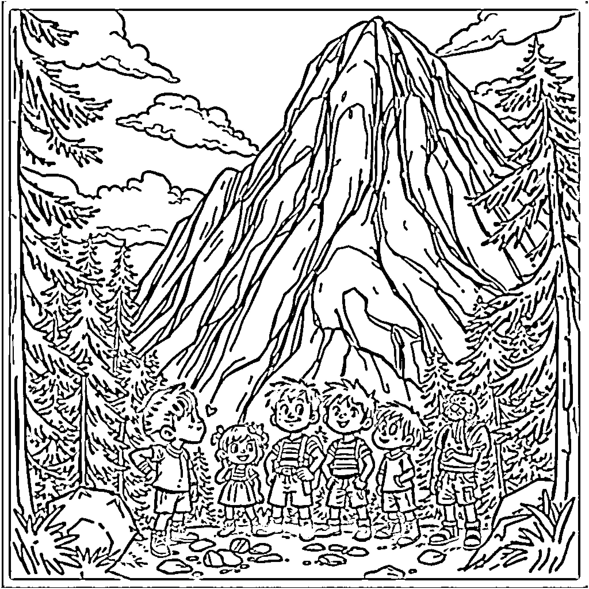 Rascals exploring the majestic mountain landscape Coloring Page (free black-and-white line drawing printable PDF for all, from beginners to advanced learners, including children, teens, adults, and seniors)