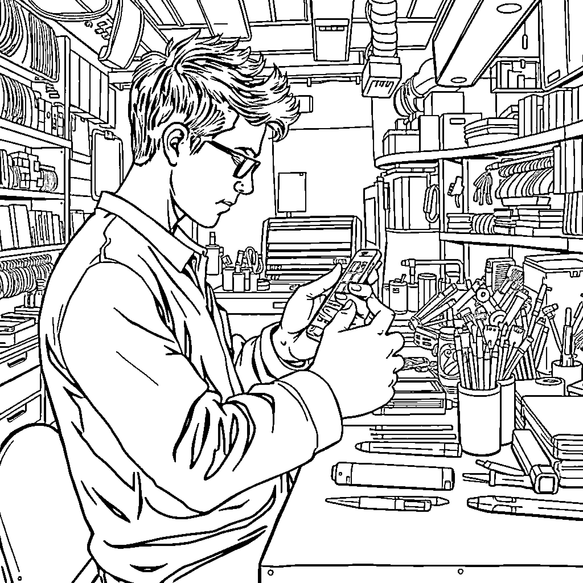 Person studying intently in a cluttered library Coloring Page (free black-and-white line drawing printable PDF for all, from beginners to advanced learners, including children, teens, adults, and seniors)